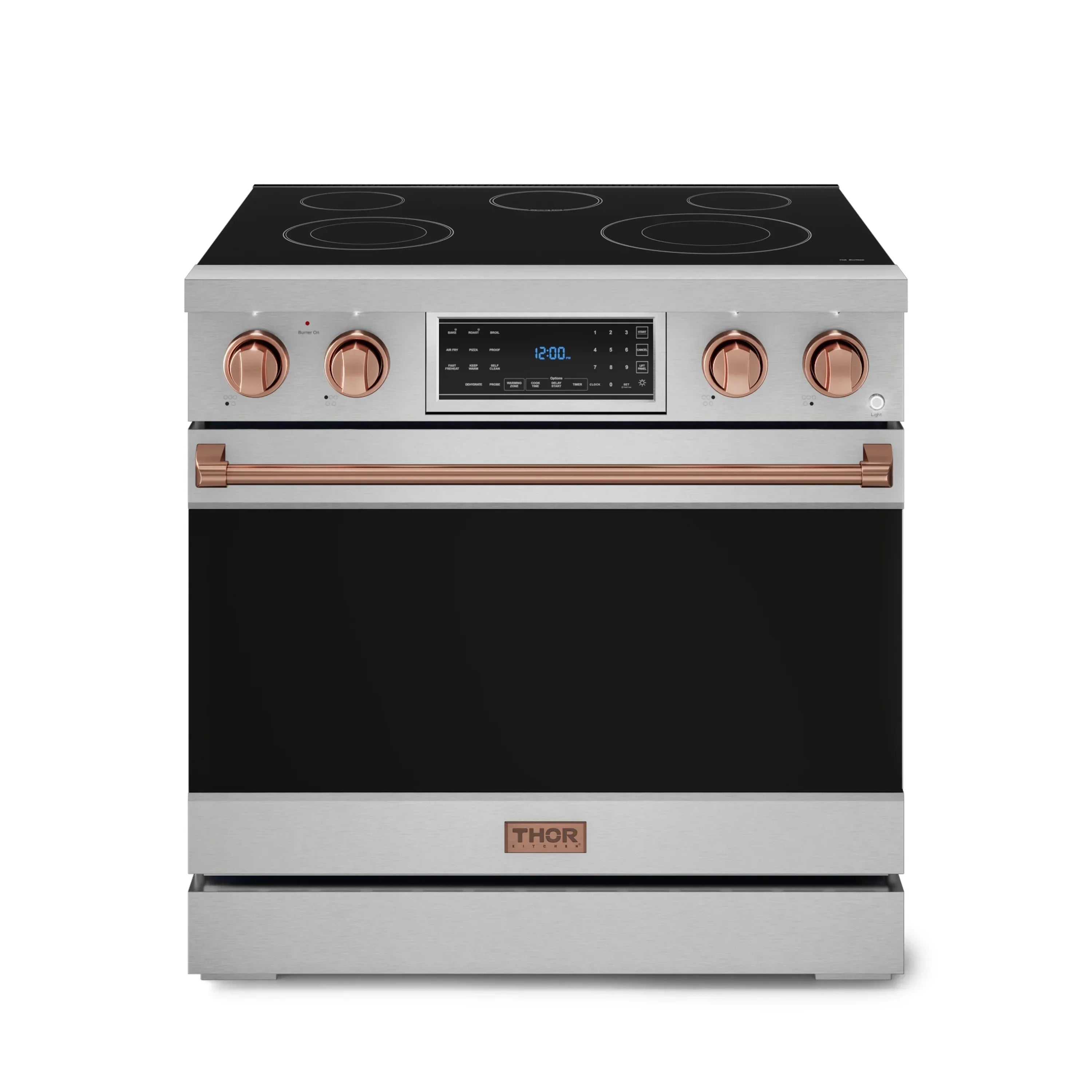 Stainless steel electric range with black cooktop, copper knobs, and digital display