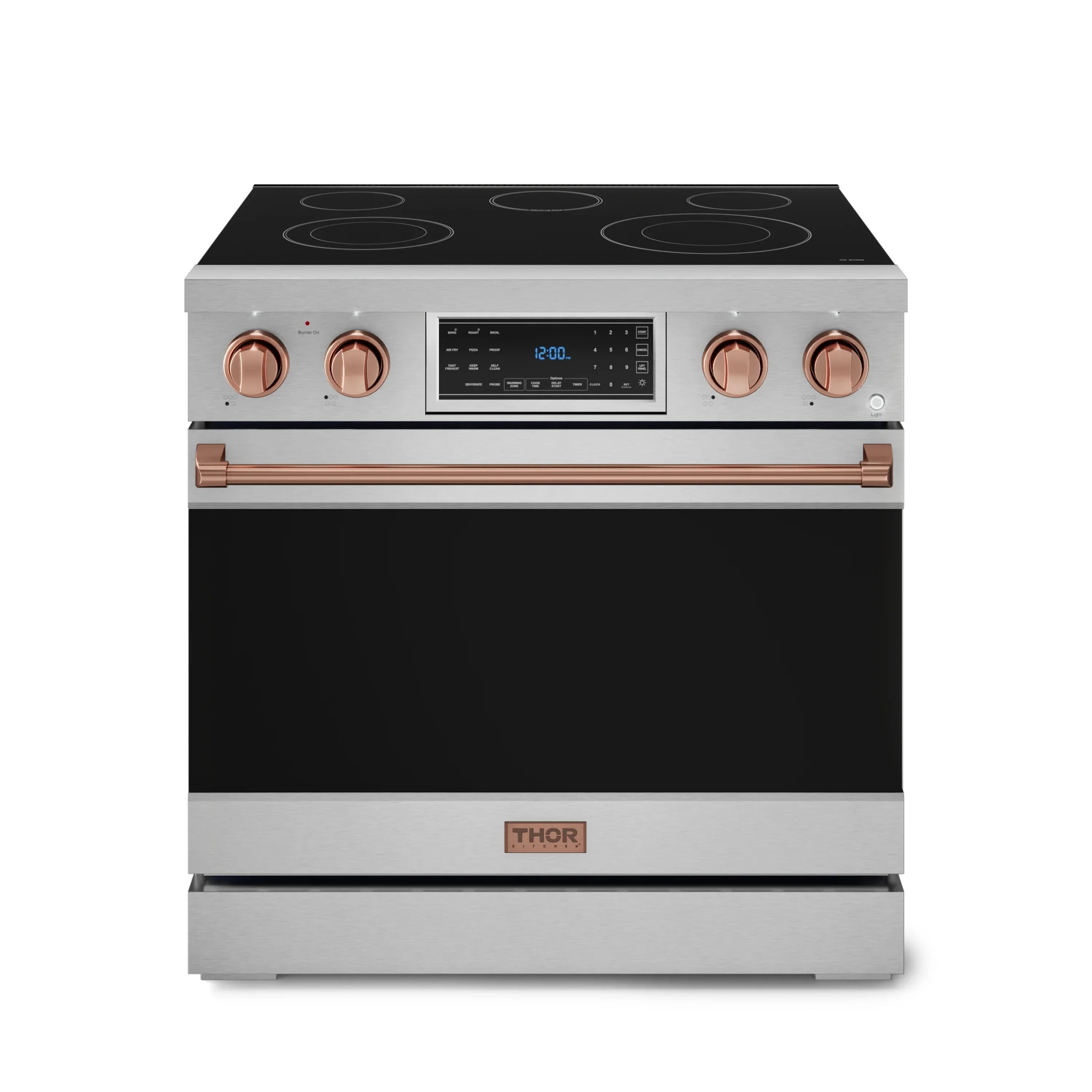 Stainless steel electric range with black smooth-top cooktop and rose gold control knobs