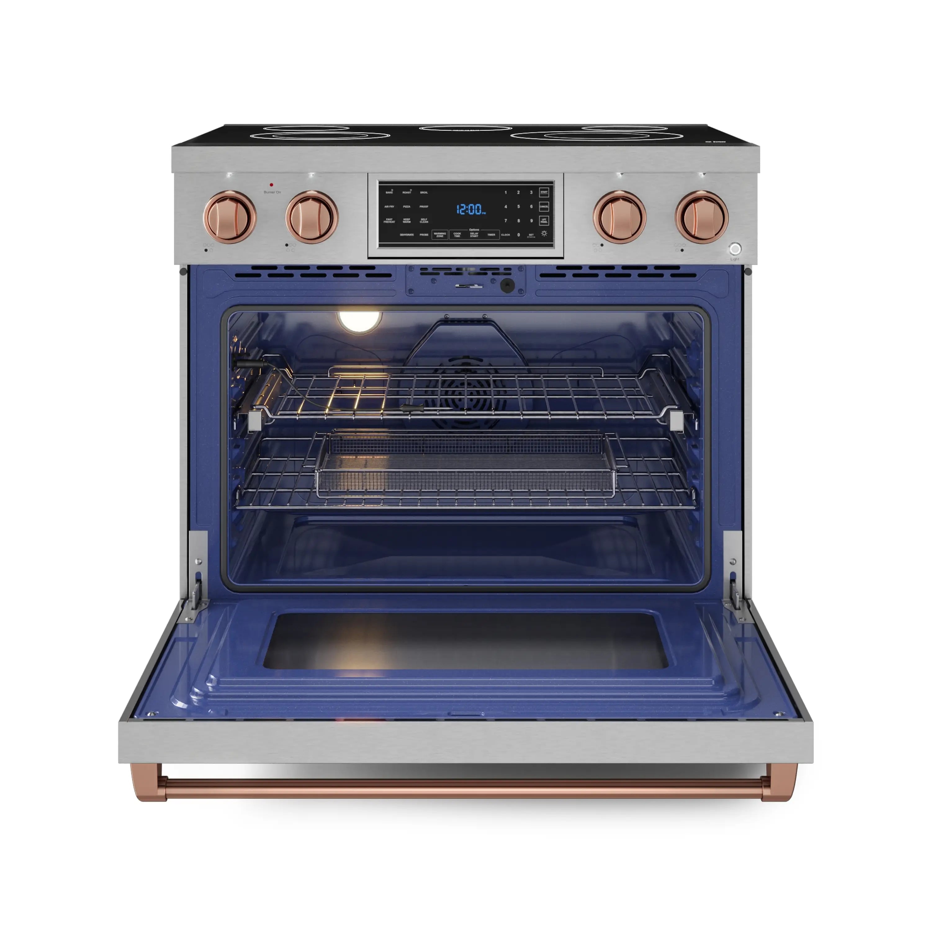 Stainless steel electric range with oven door open and illuminated blue oven interior