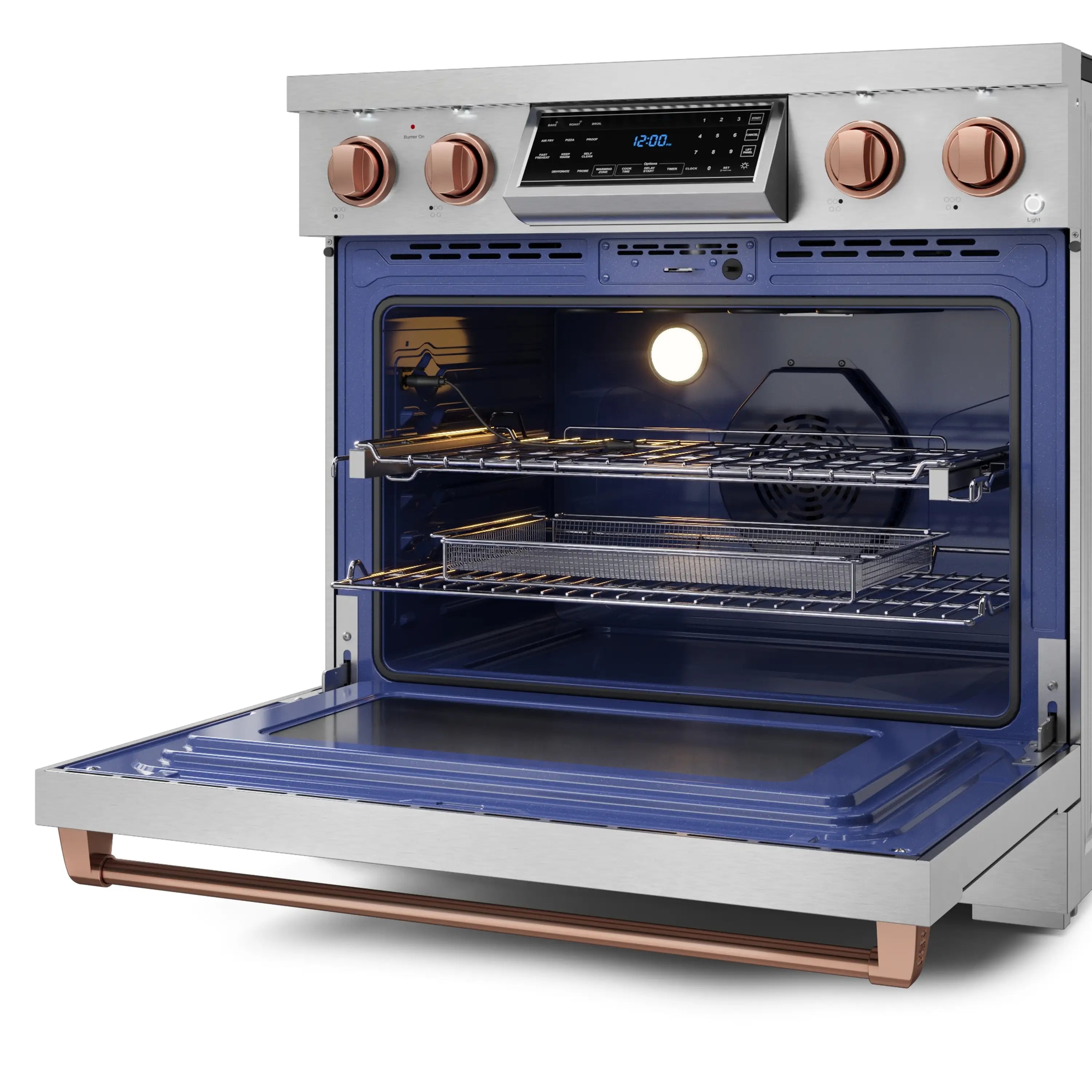 Stainless steel oven interior with oven racks and bright interior light