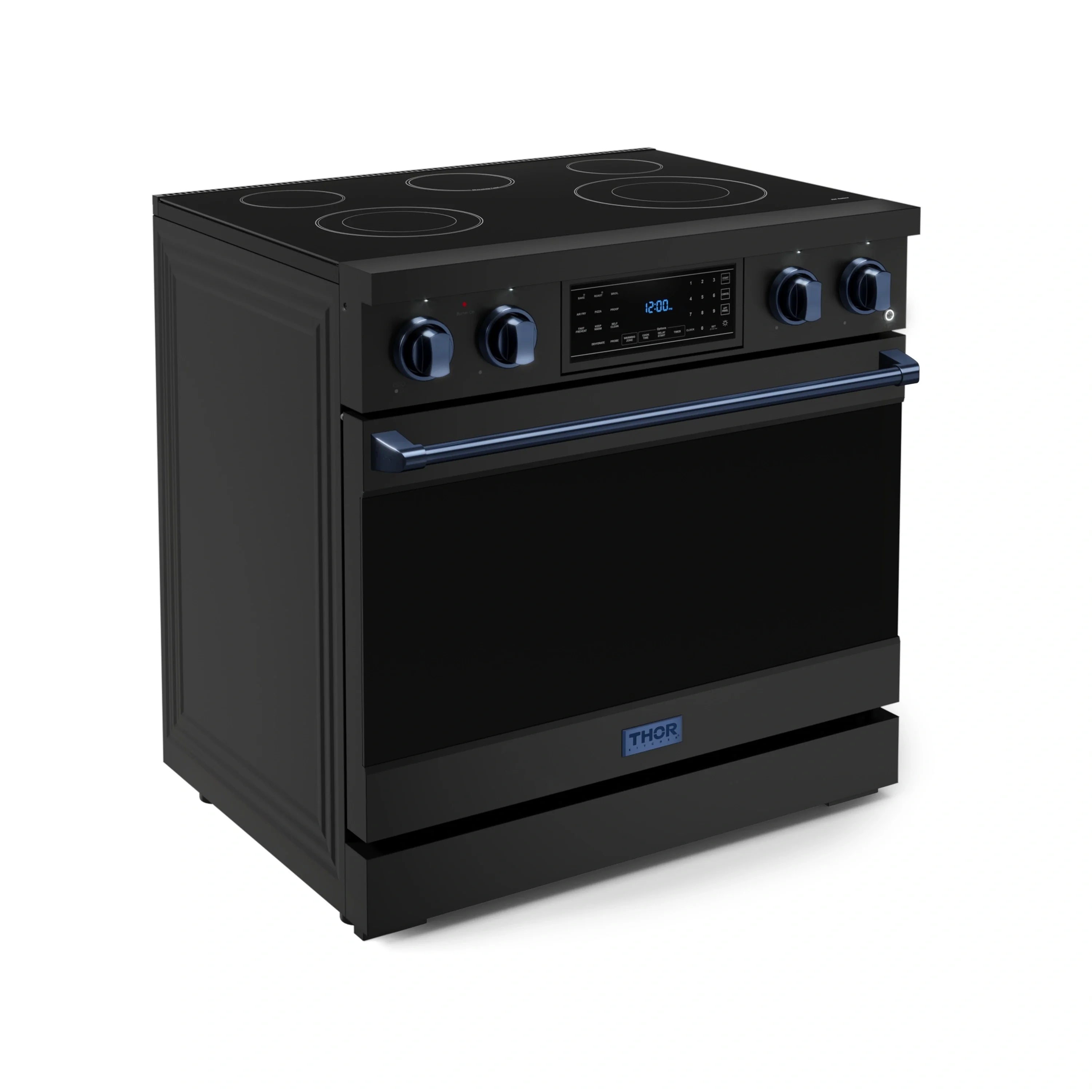 Black electric oven range with blue accent knobs and coil cooktop