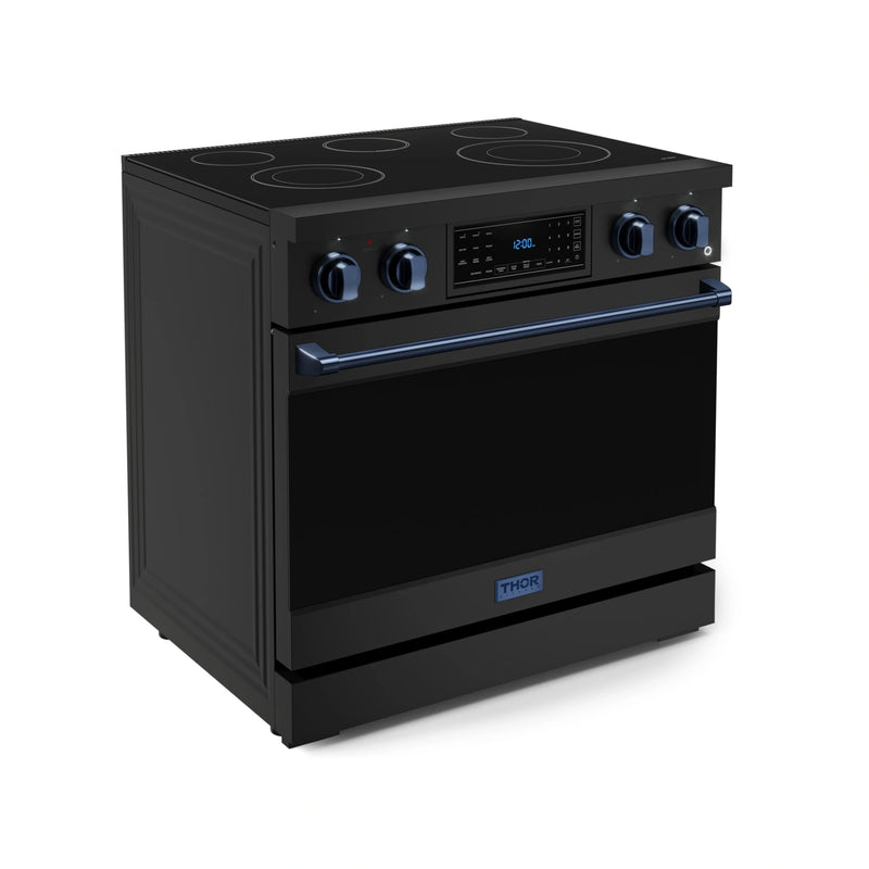 Thor Kitchen Gordon Ramsay 3-Piece Appliance Package - 36-Inch Electric Range with Tilt Panel Touch Control, 36-Inch Refrigerator, and Dishwasher in Black with Blue Trim