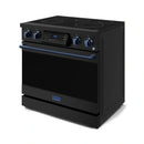 Gordon Ramsay by Thor Kitchen 4-Piece Appliance Package -  36-Inch Electric Range, Wall Mount Range Hood, 36-Inch French Door Refrigerator, and Dishwasher in Black with Blue Trim