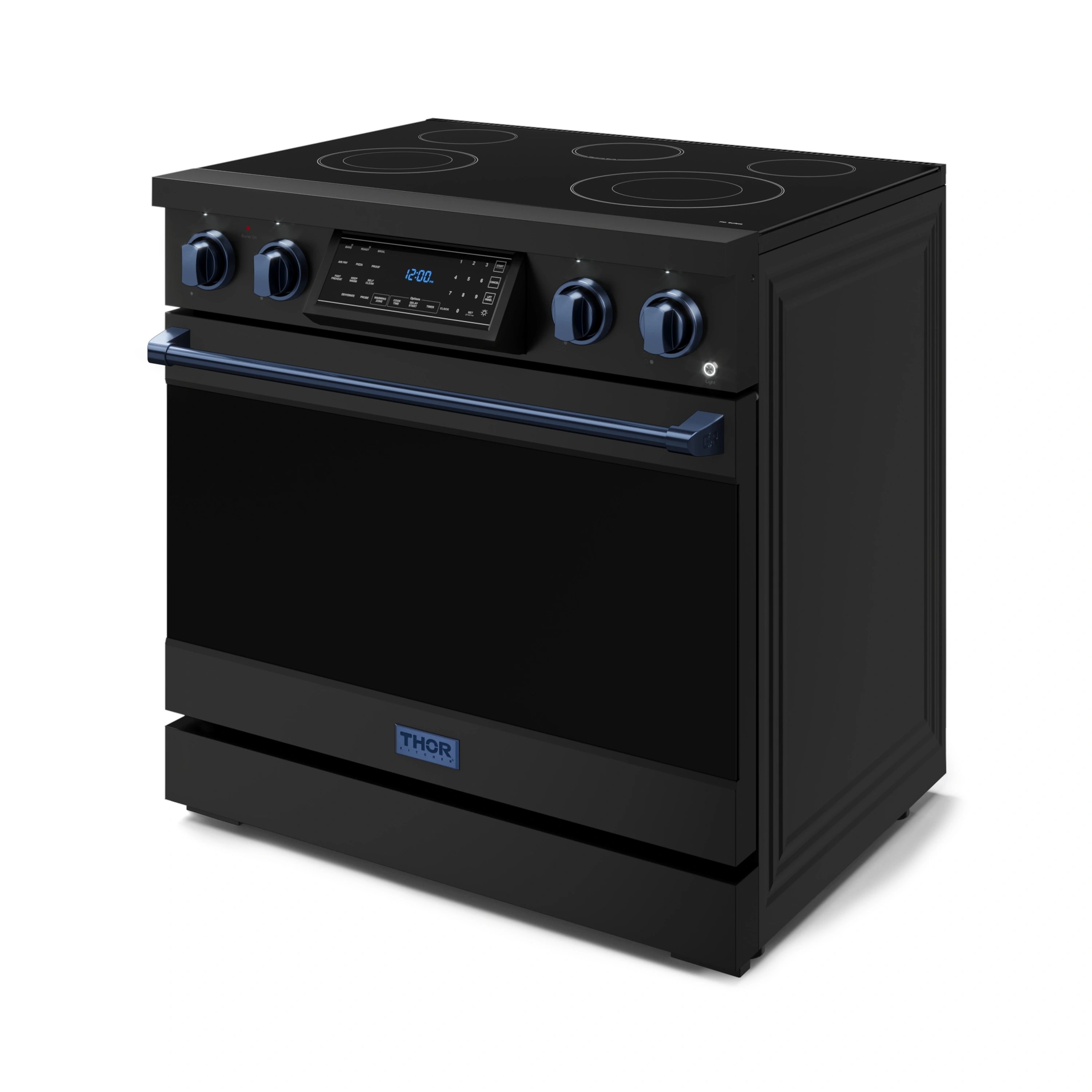 Front view of black electric range with blue knobs and oven window display