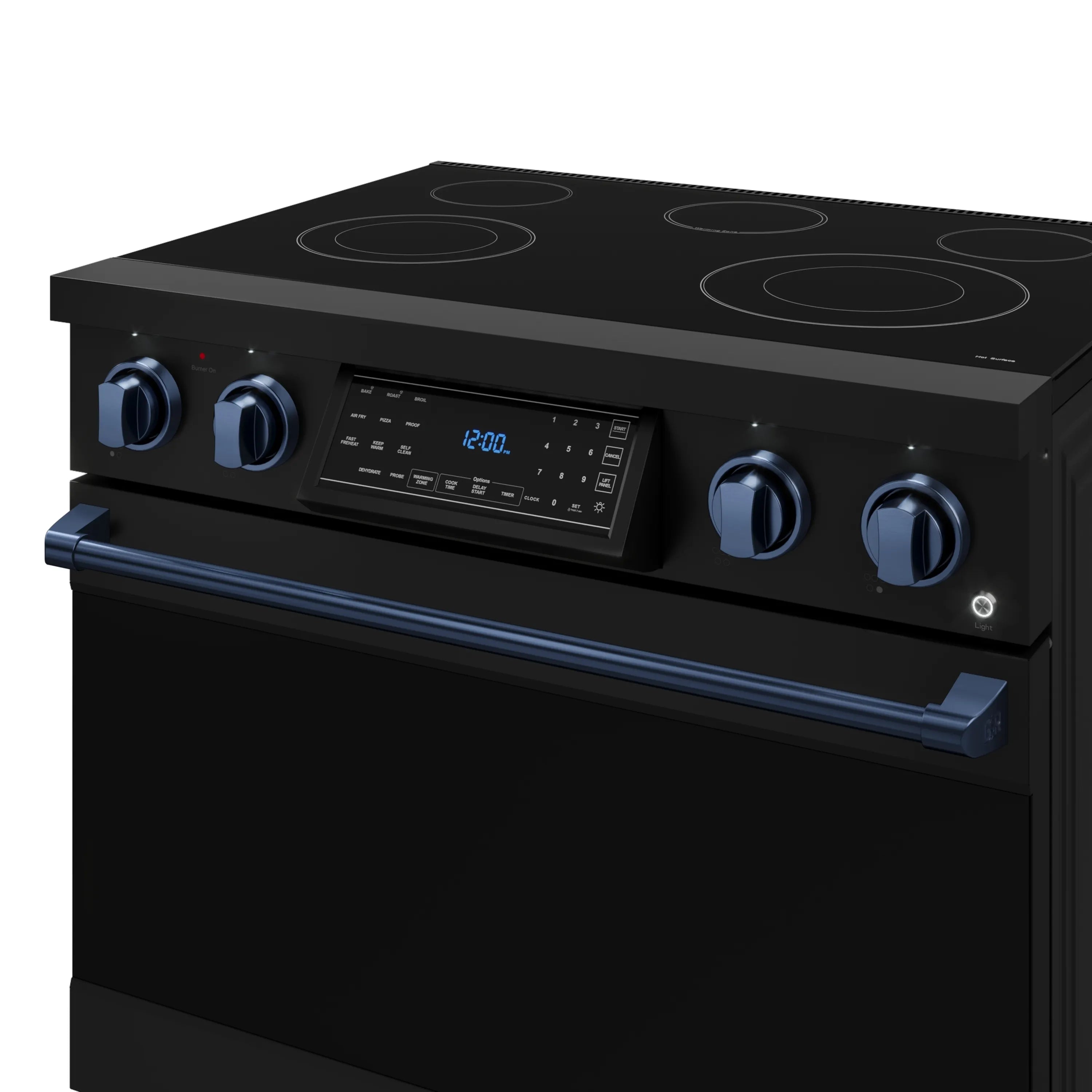 Three-quarter view of black electric range with blue knobs and lit control screen