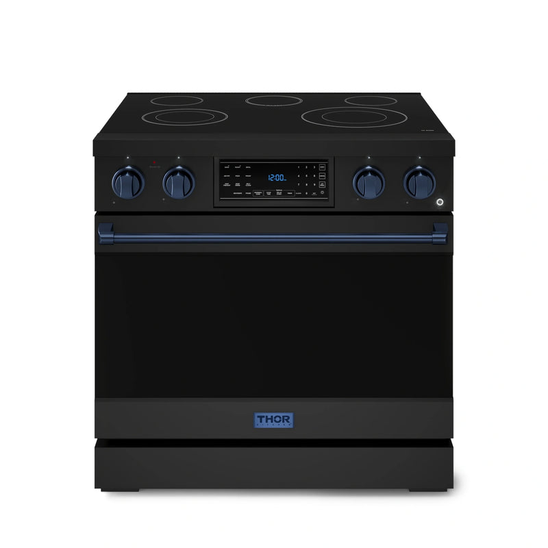 Thor Kitchen Gordon Ramsay 3-Piece Appliance Package - 36-Inch Electric Range with Tilt Panel Touch Control, 36-Inch Refrigerator, and Dishwasher in Black with Blue Trim