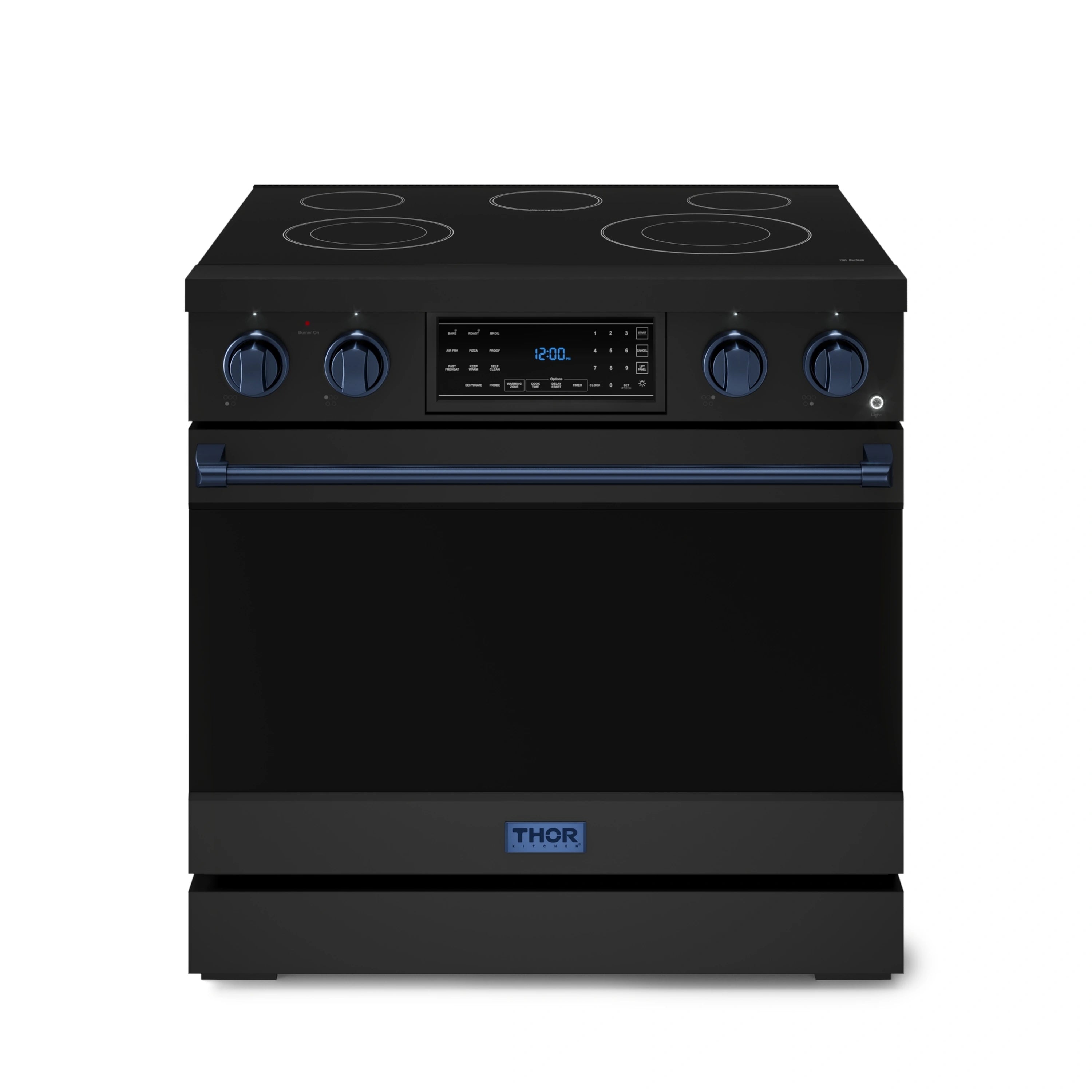 Front view of black electric range with blue accents and digital oven display