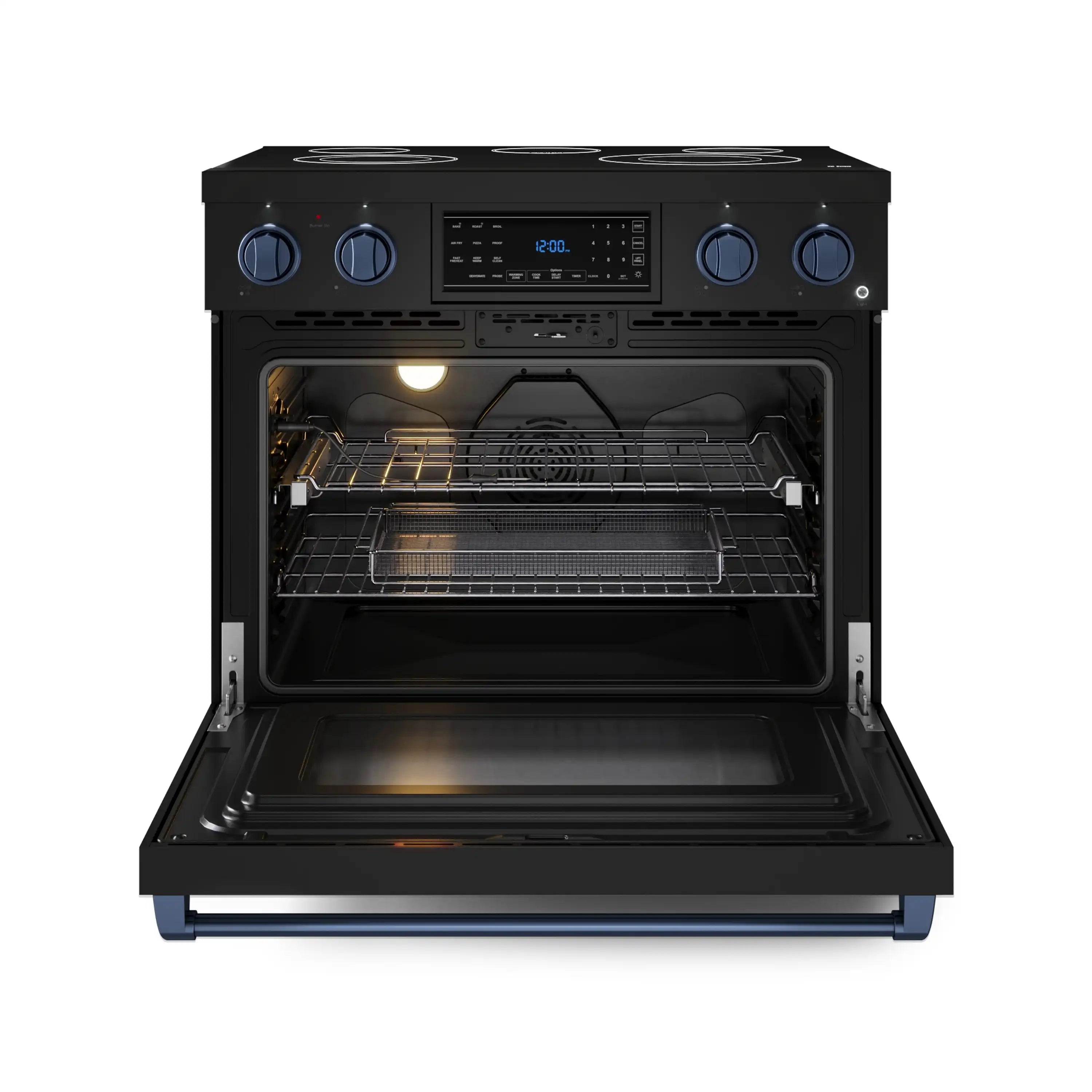 Black 36-inch electric range with open oven and navy blue trim control panel