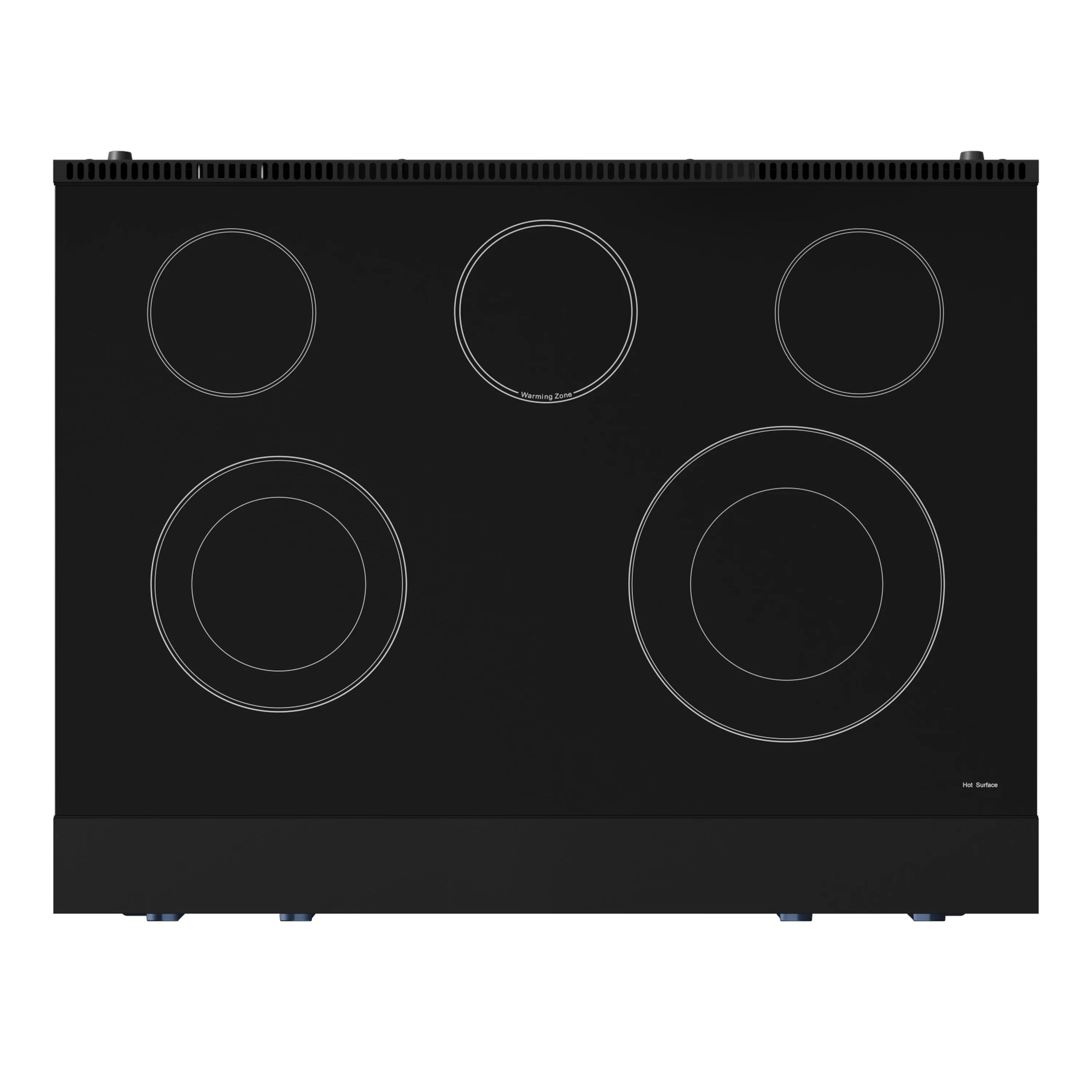 Black electric cooktop with five coil burners and circular burner outlines