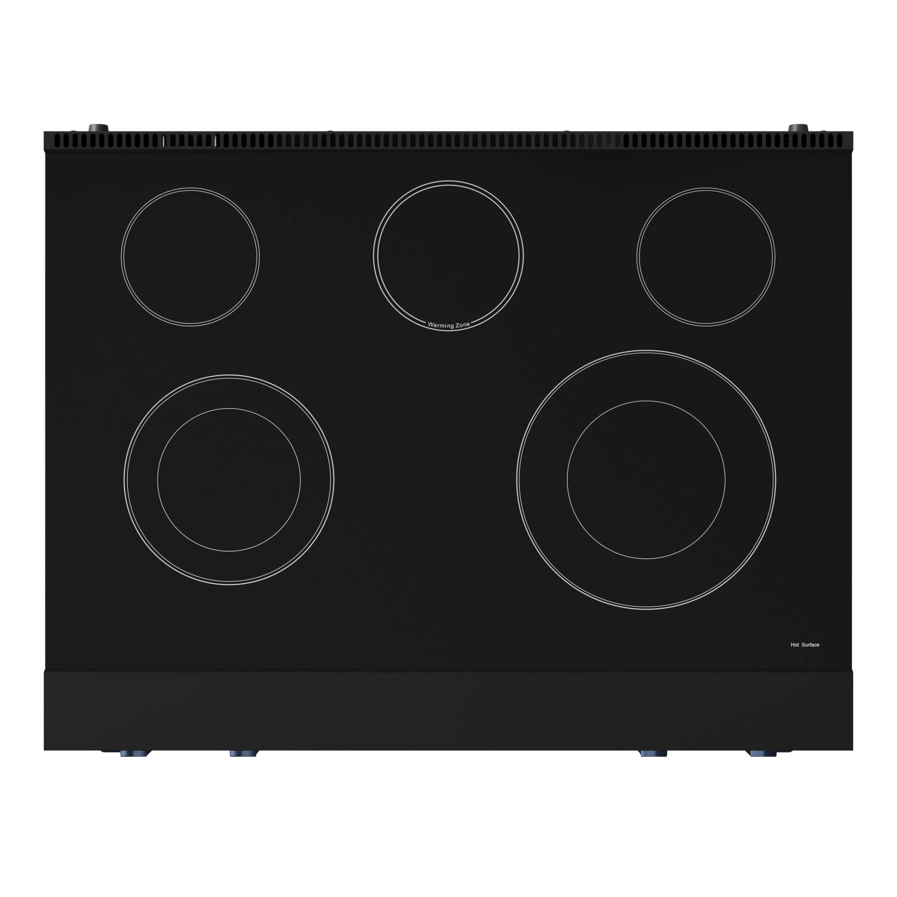 Black electric cooktop with five circular burner zones and control knobs