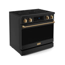 Gordon Ramsay by Thor Kitchen 4-Piece Appliance Package -  36-Inch Electric Range, Wall Mount Range Hood, 36-Inch French Door Refrigerator, and Dishwasher in Black with Bronze Trim