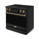 Gordon Ramsay by Thor Kitchen 4-Piece Appliance Package -  36-Inch Electric Range, Wall Mount Range Hood, 36-Inch French Door Refrigerator, and Dishwasher in Black with Bronze Trim