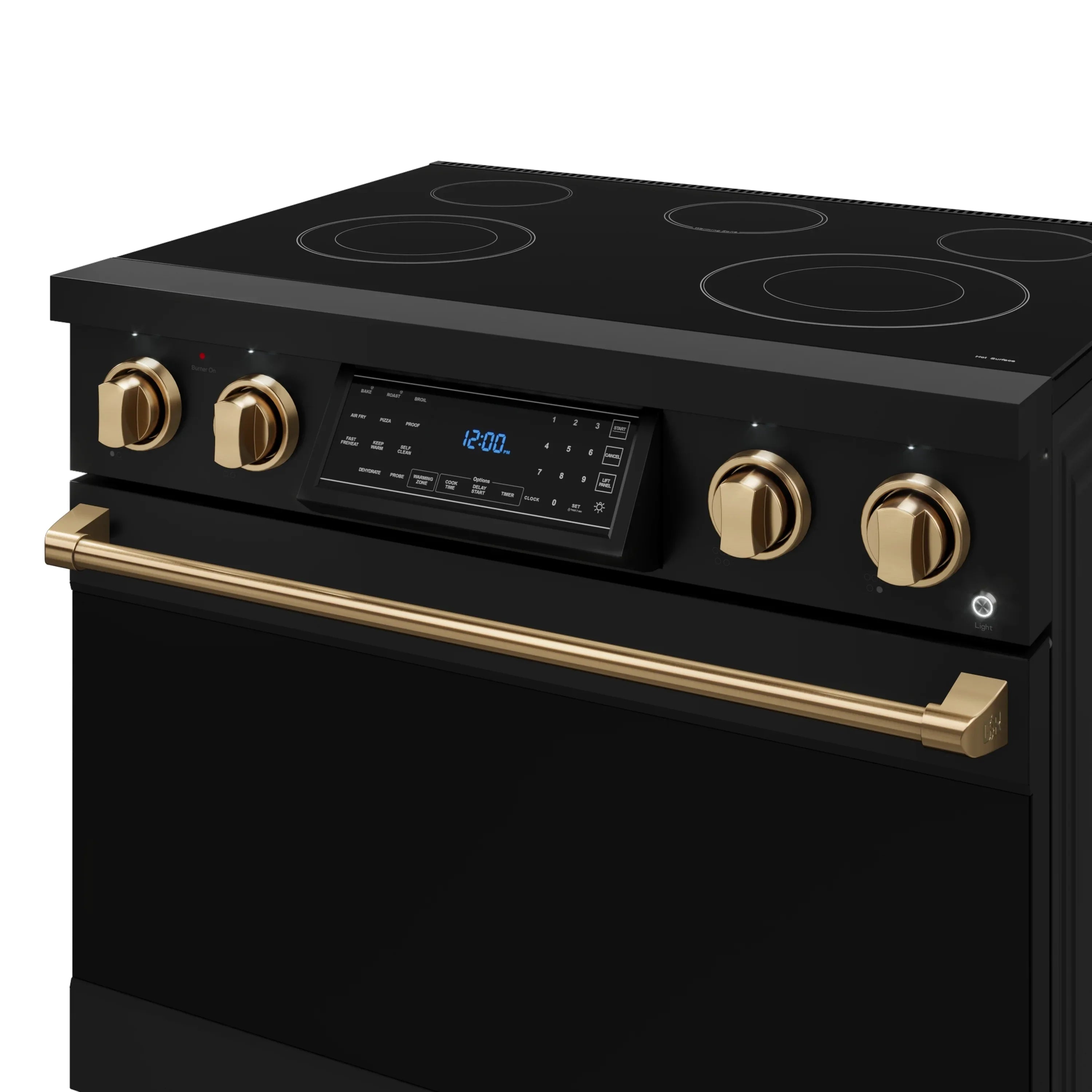 Close-up of black electric range control panel with bronze knobs and handle
