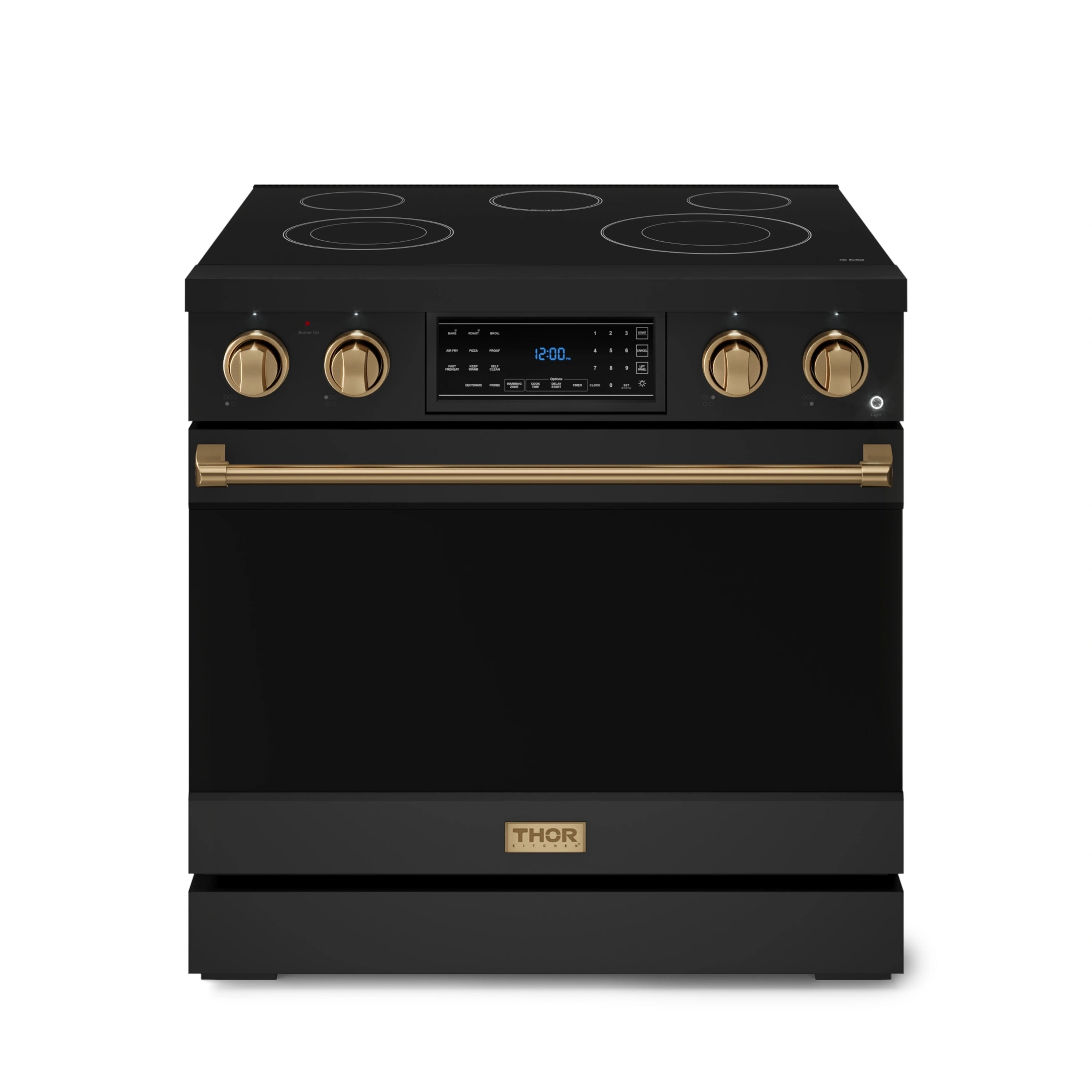 Black electric range front with bronze knobs, tilt control panel, and oven door
