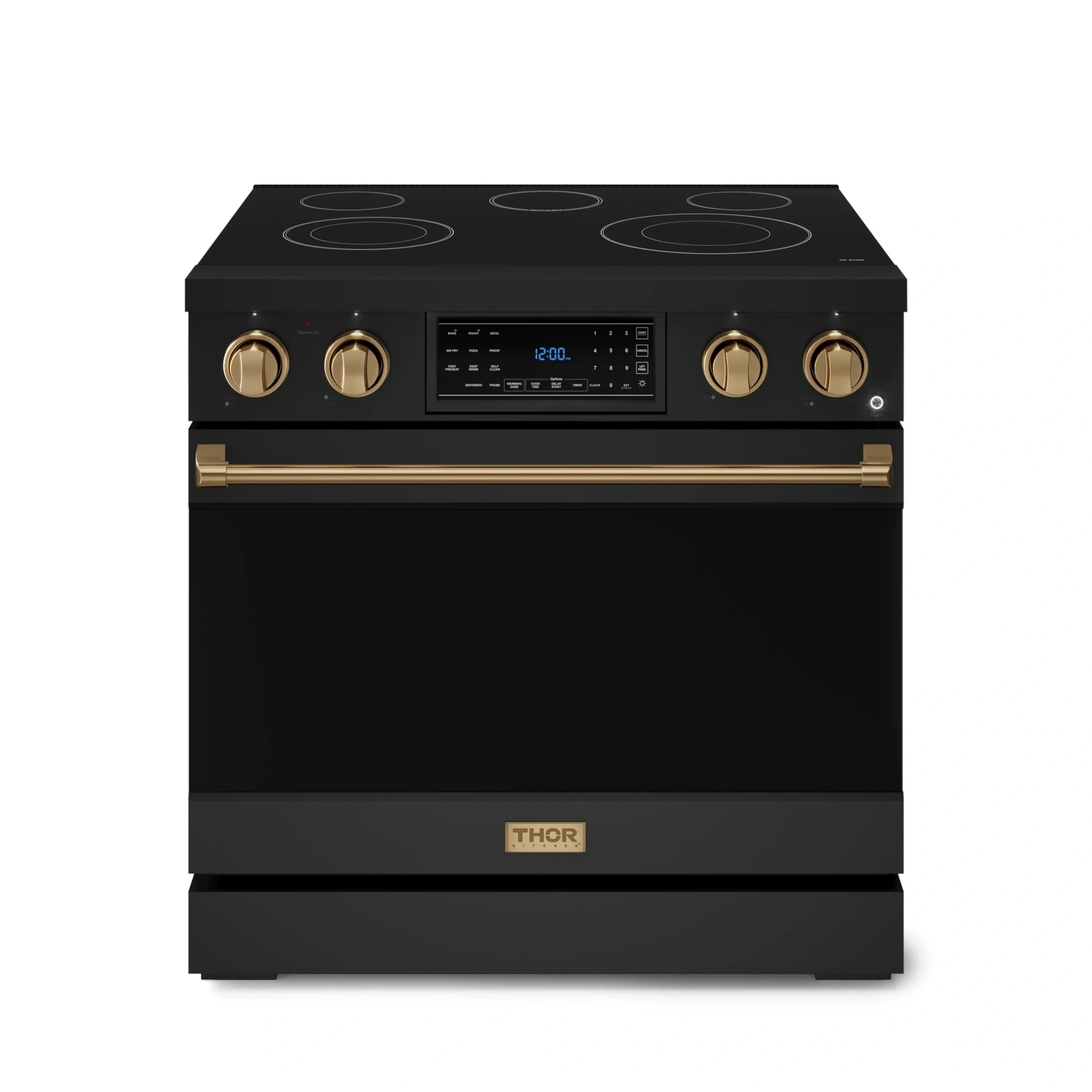Black electric slide-in range with bronze control knobs and glass cooktop