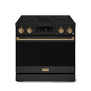 Gordon Ramsay by Thor Kitchen 4-Piece Appliance Package -  36-Inch Electric Range, Wall Mount Range Hood, 36-Inch French Door Refrigerator, and Dishwasher in Black with Bronze Trim