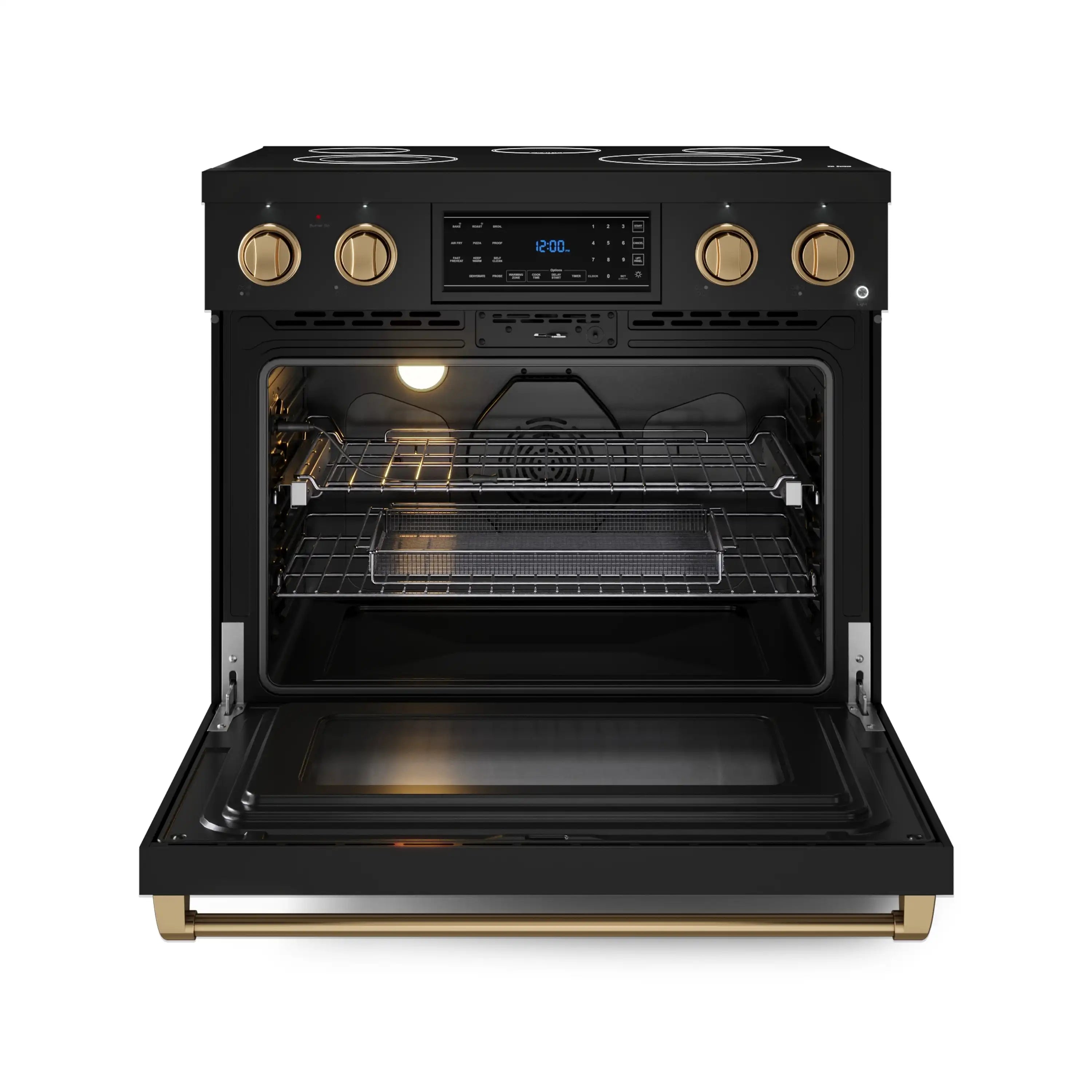 Open black electric oven door with internal racks and bronze control knobs