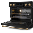 Gordon Ramsay by Thor Kitchen 4-Piece Appliance Package -  36-Inch Electric Range, Wall Mount Range Hood, 36-Inch French Door Refrigerator, and Dishwasher in Black with Bronze Trim