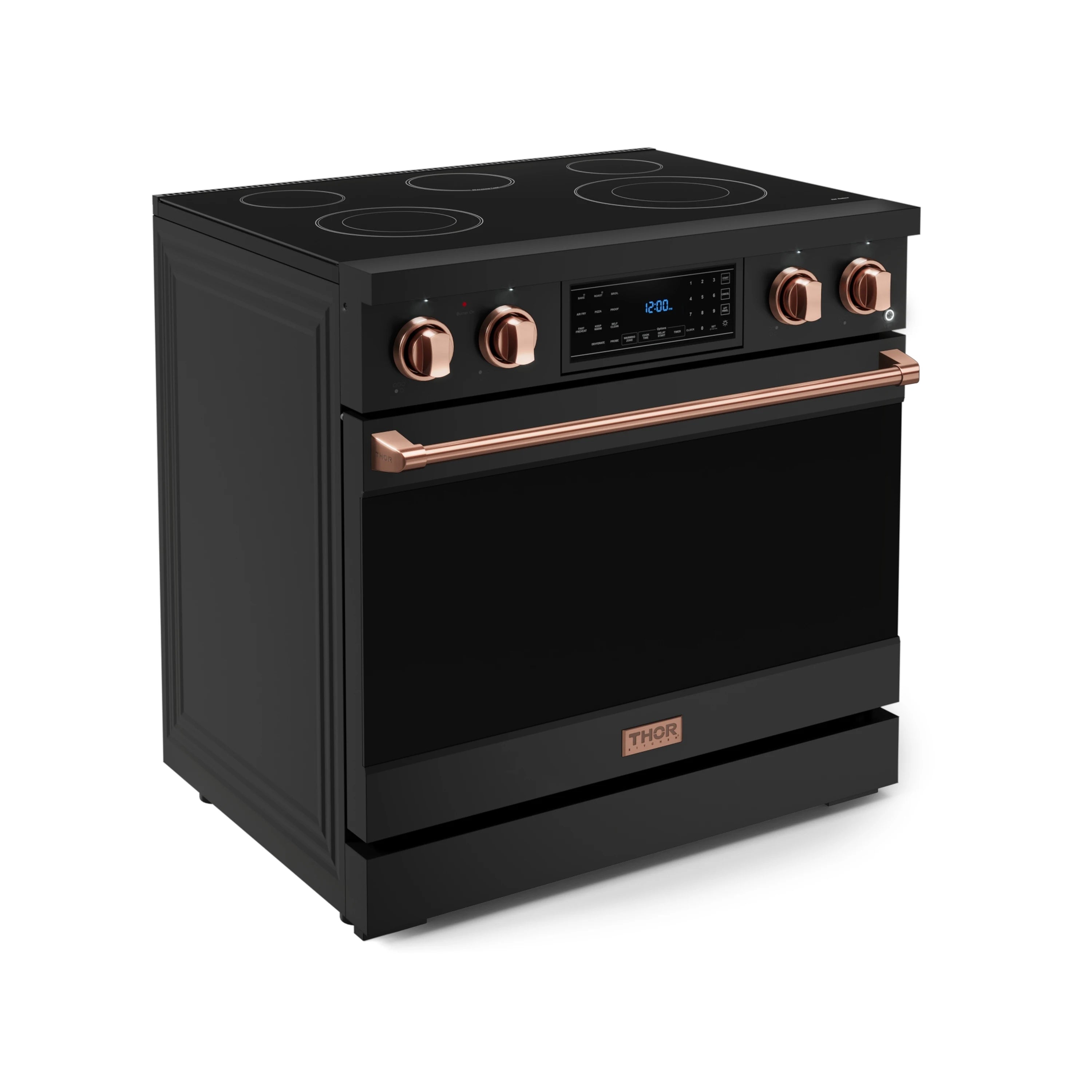 Black electric range with rose gold knobs and handle, digital display, and THOR badge