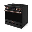 Gordon Ramsay by Thor Kitchen 3-Piece Appliance Package - 36-Inch Electric Range with Tilt Panel Touch Control, 36-Inch Refrigerator, and Dishwasher in Black with Rose Gold Trim