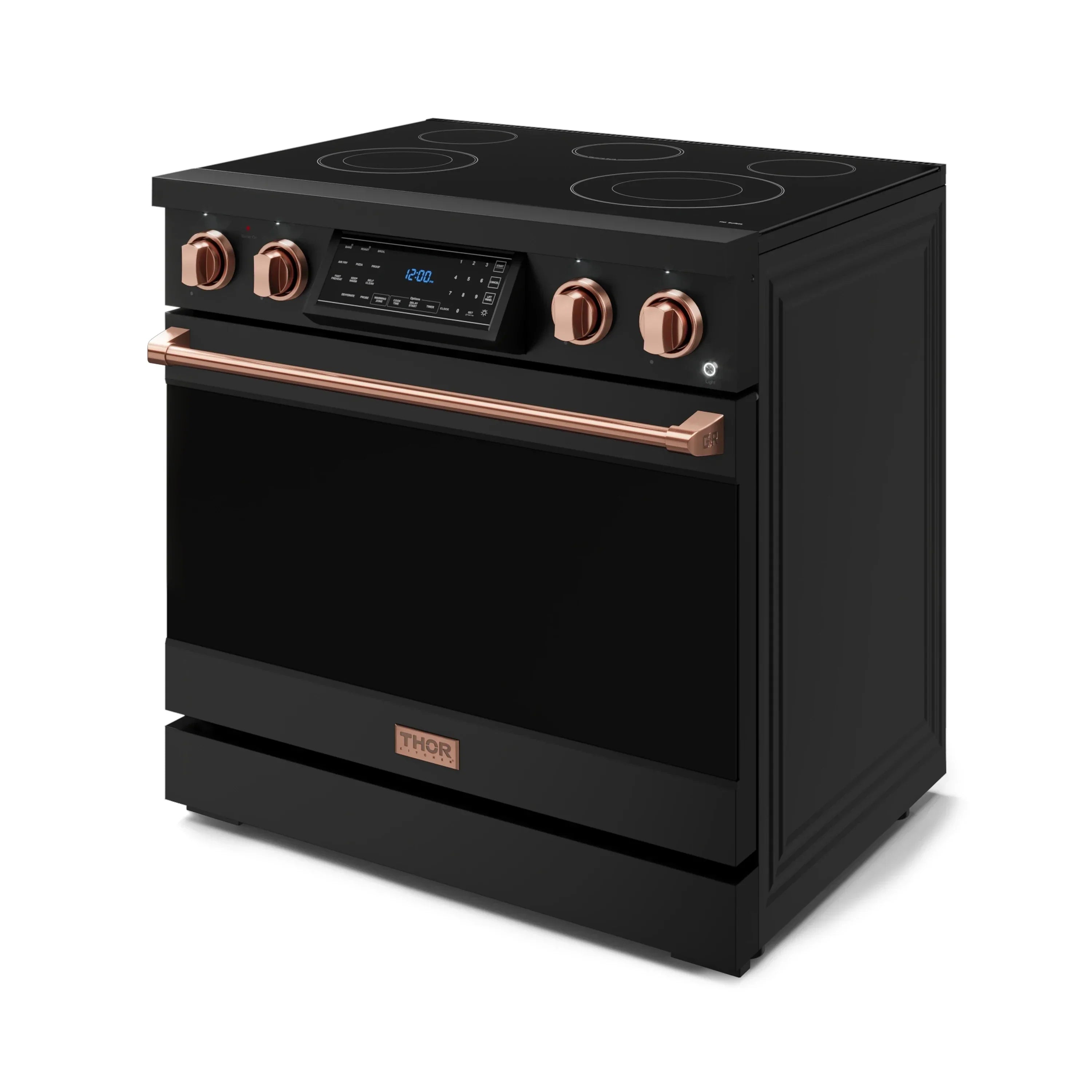 Black electric range front view with rose-gold oven handle and control knobs