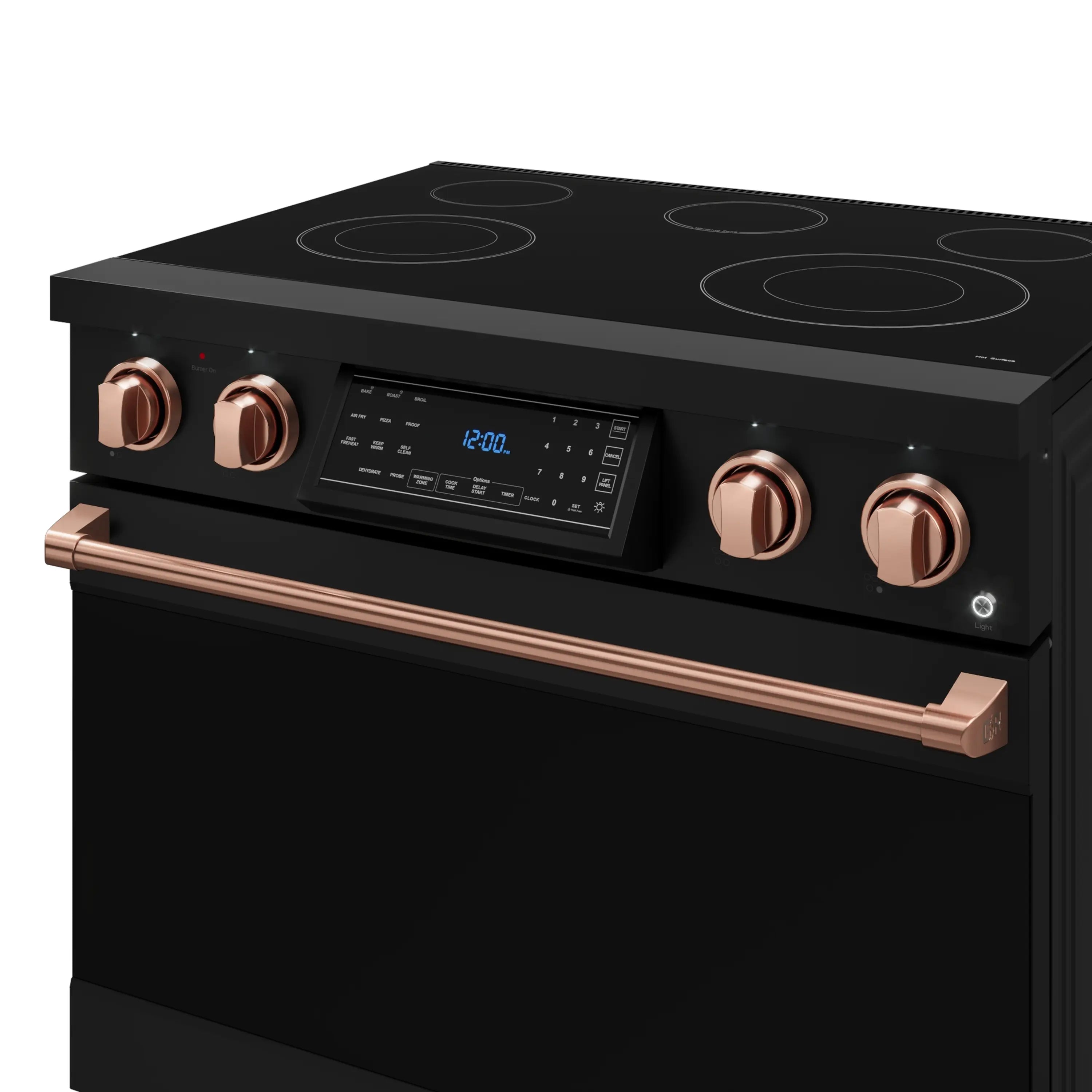 Black electric range with rose gold handle, knobs, and digital touch display