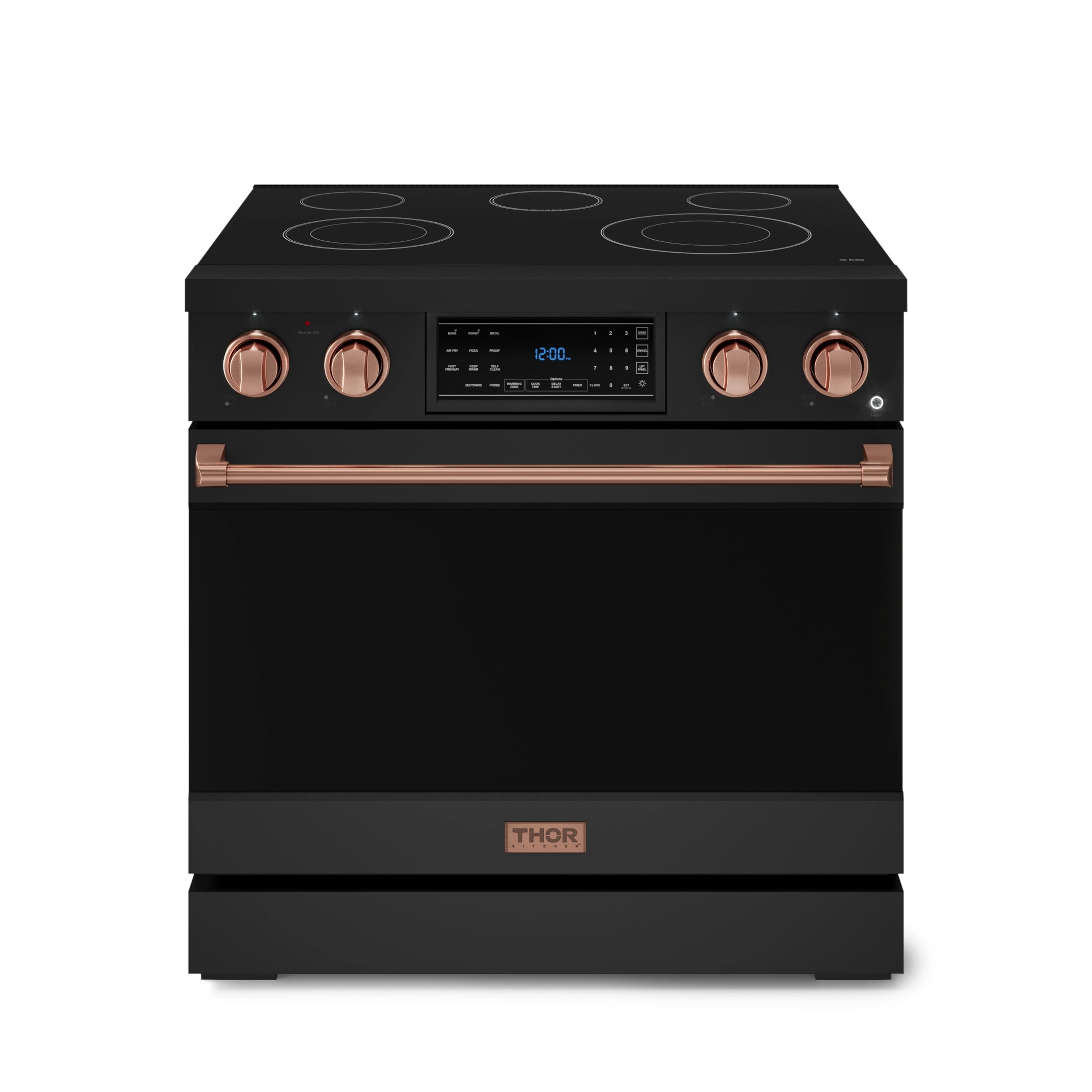Black 36-inch electric range with rose gold knobs, handle, and cooktop burner circles