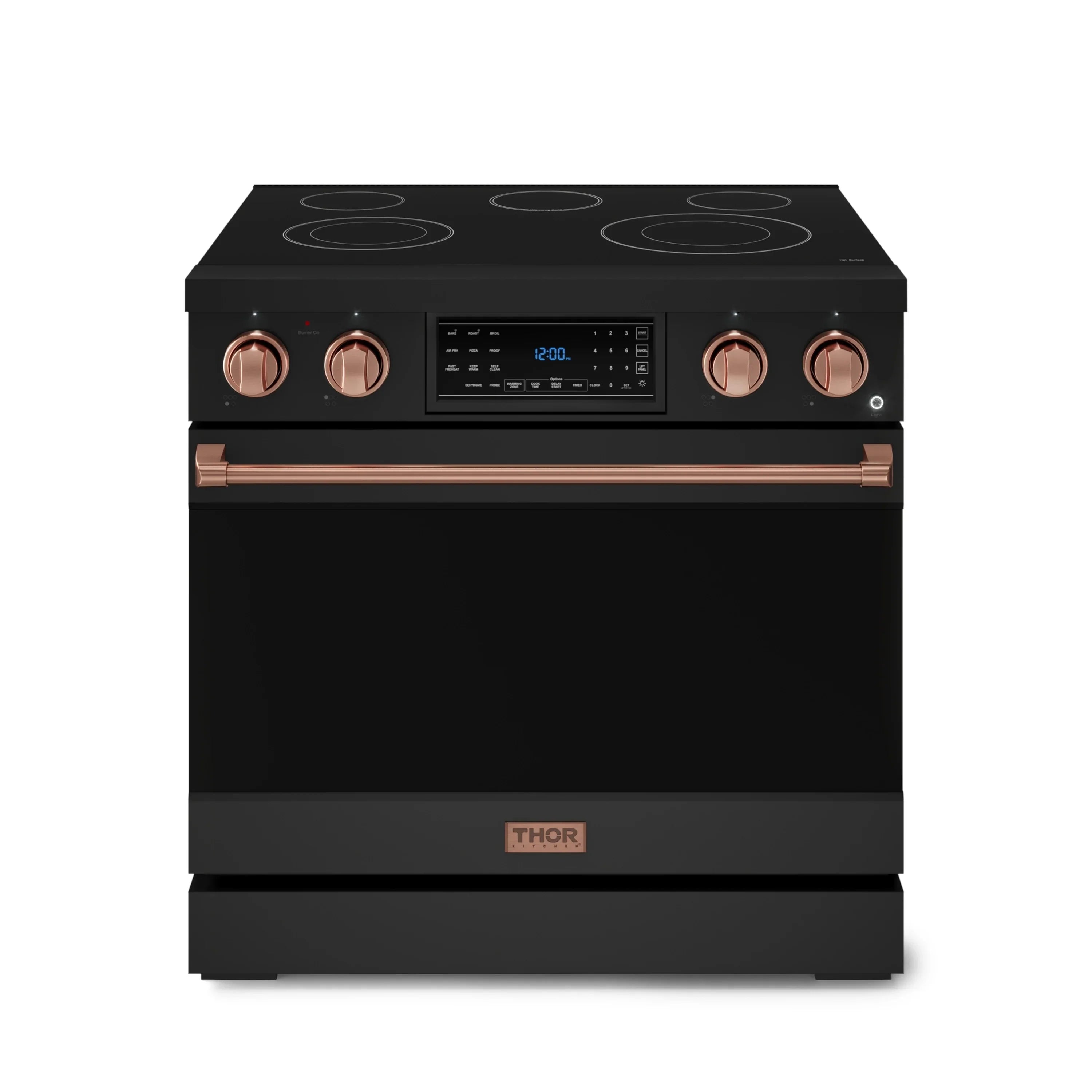 Black electric range with rose-gold trim, front control panel, and smooth glass cooktop