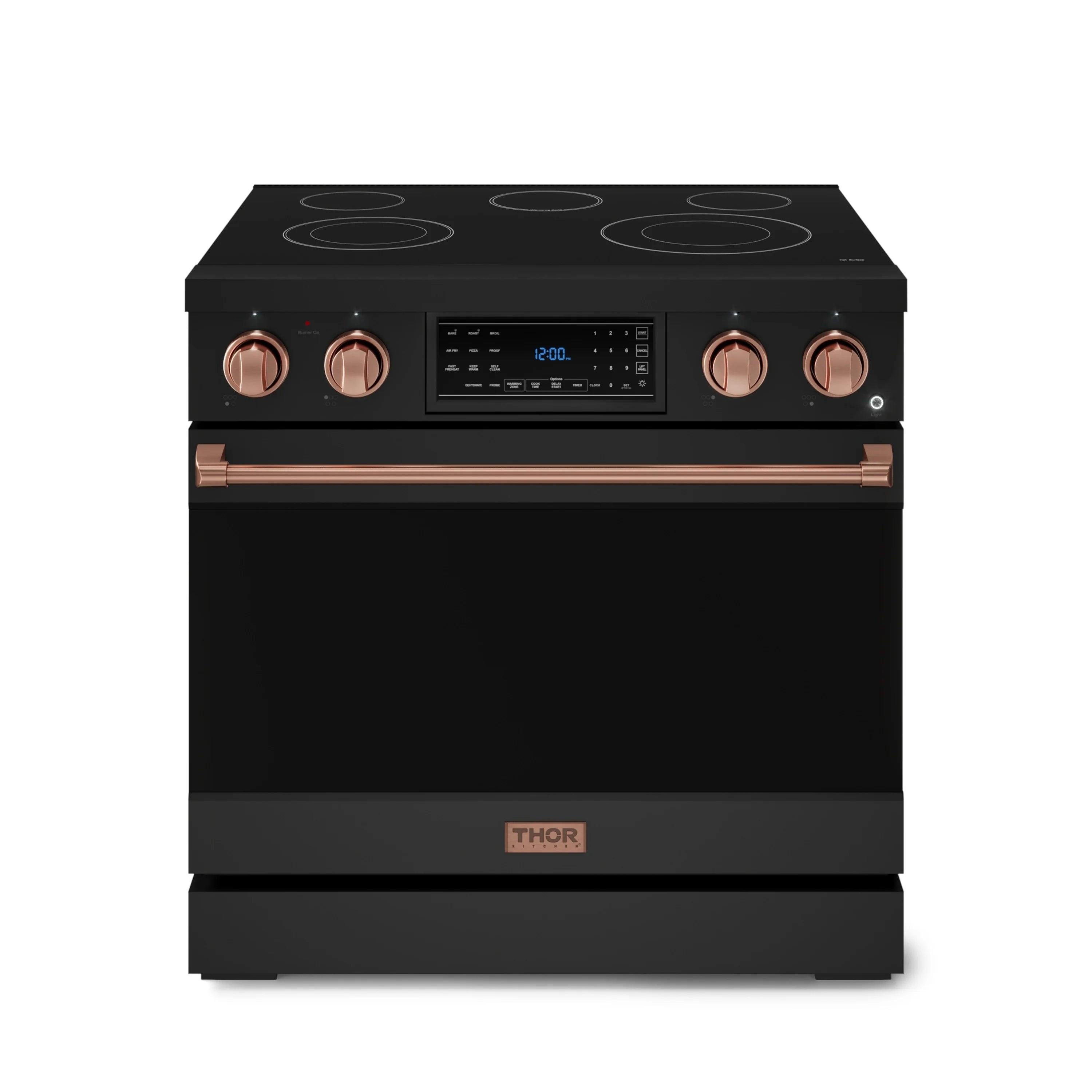 Black electric range with rose-gold knobs, central display, and glass cooktop with burners