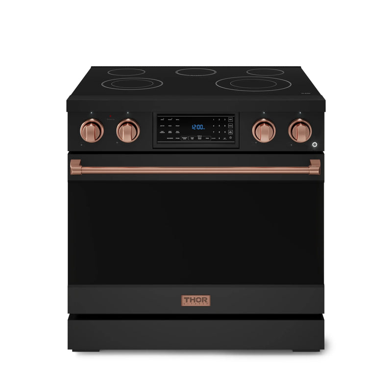 Thor Kitchen Gordon Ramsay 3-Piece Appliance Package - 36-Inch Electric Range with Tilt Panel Touch Control, 36-Inch Refrigerator, and Dishwasher in Black with Rose Gold Trim