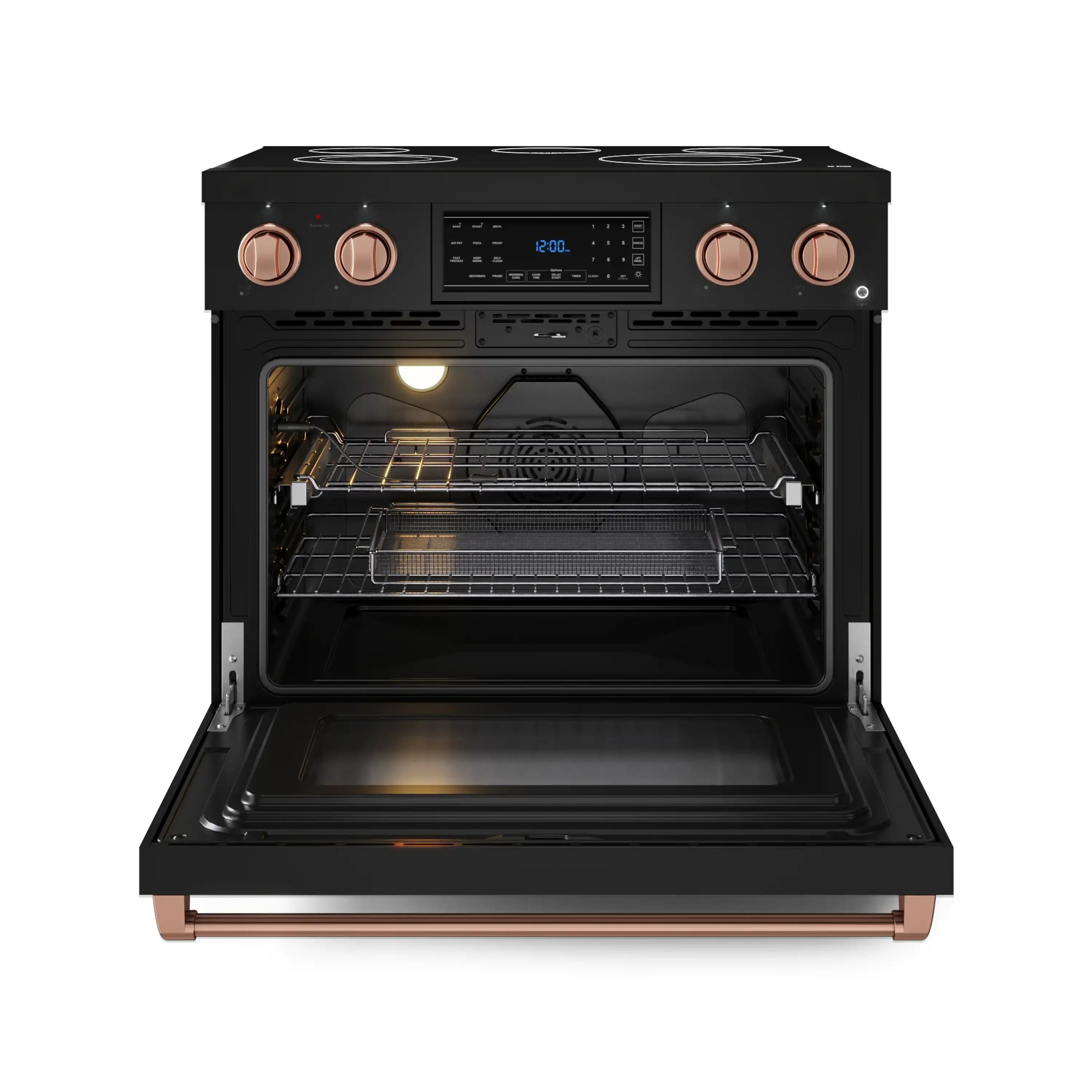 Black electric range with rose-gold knobs, open oven, and digital touch control panel.