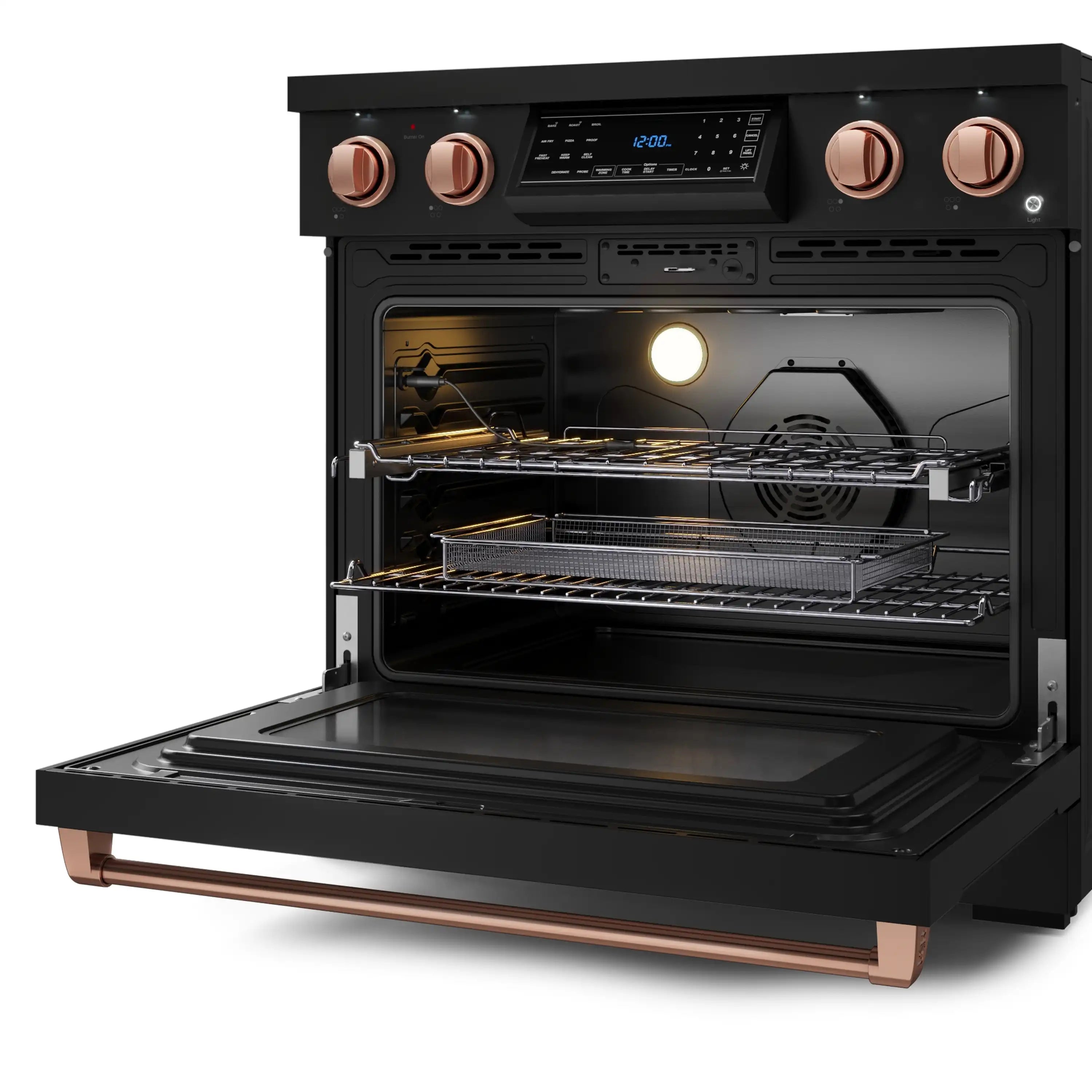 Black electric range with rose-gold knobs and oven door open, showing racks and fan.