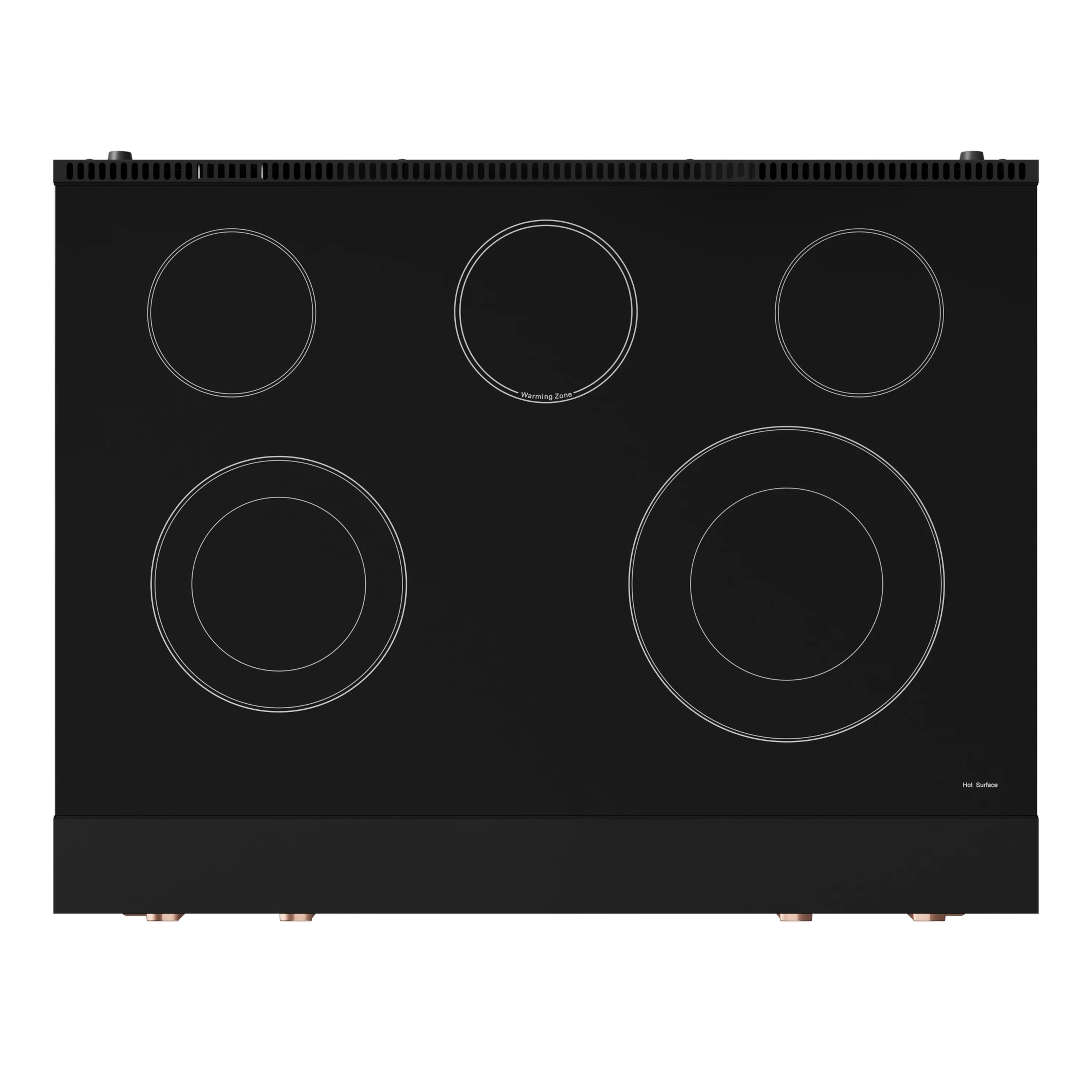 Black electric cooktop with six circular burner outlines and rose-gold base feet.