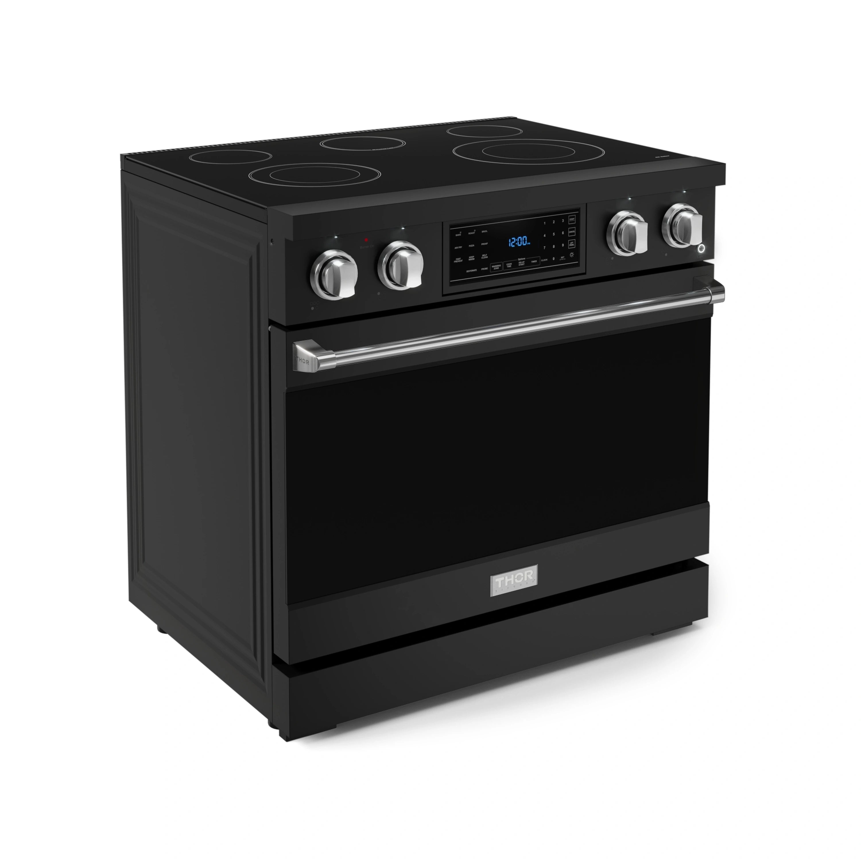 Black electric range with stainless trim, digital control panel, and oven door