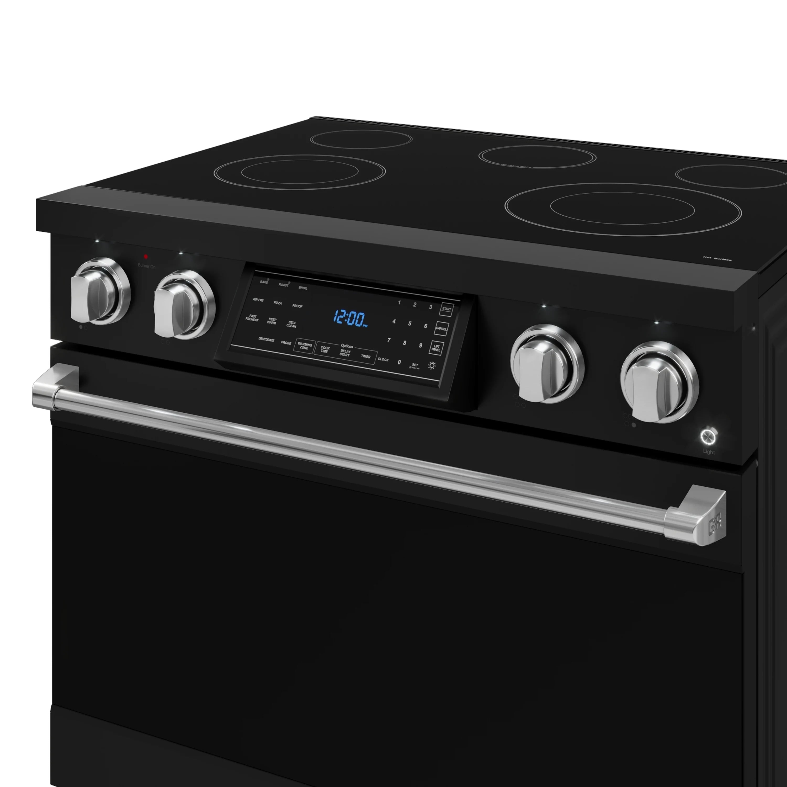 Black electric range front view with cooktop burners and lit digital control display