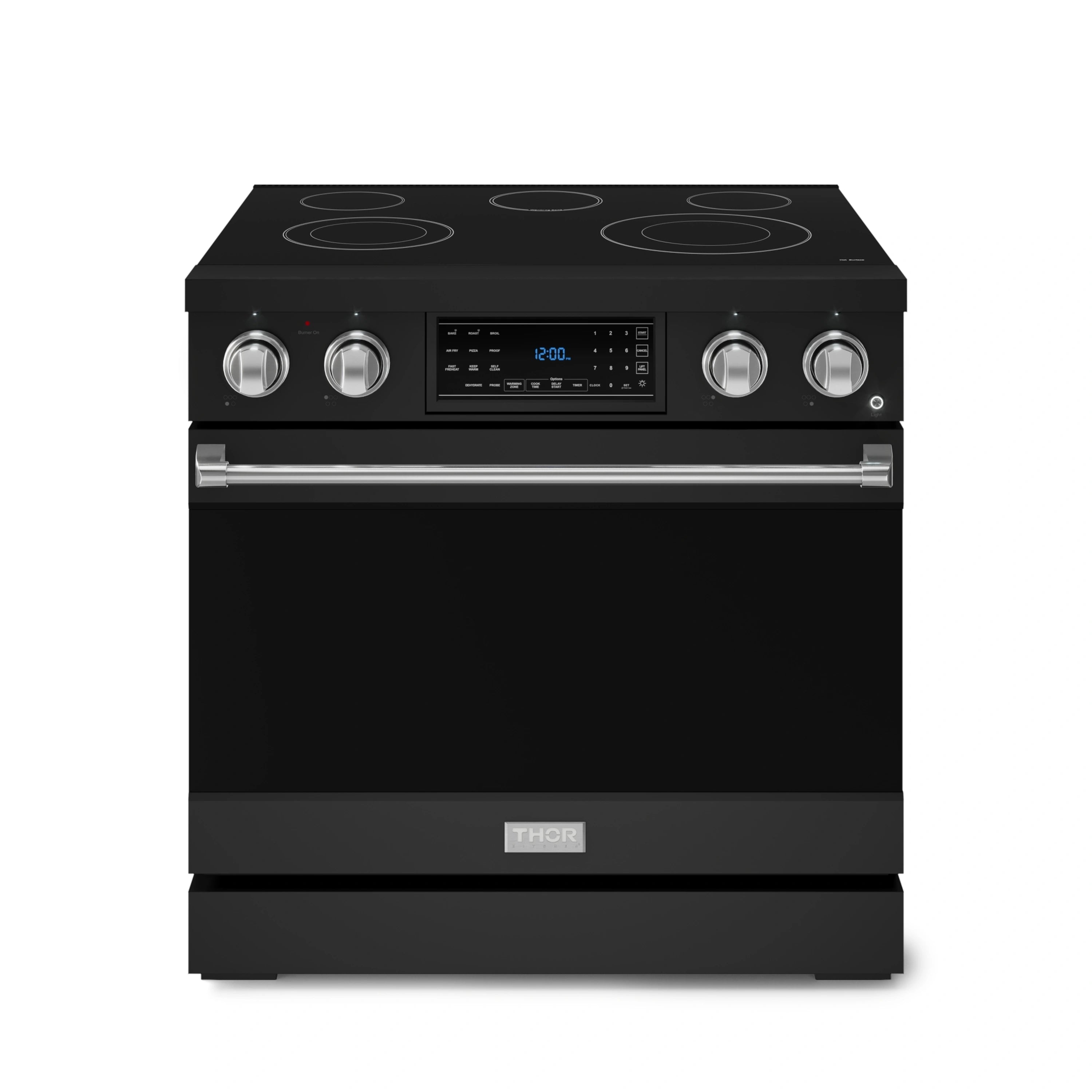 Black electric range with stainless handle and five-burner cooktop, front view