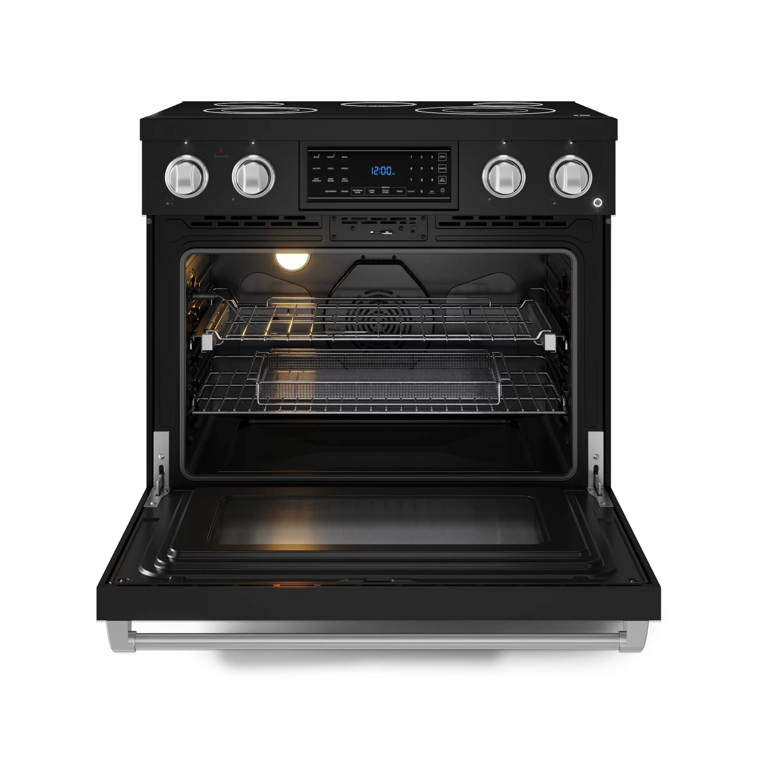 Black electric range with open oven door and visible racks, stainless handle