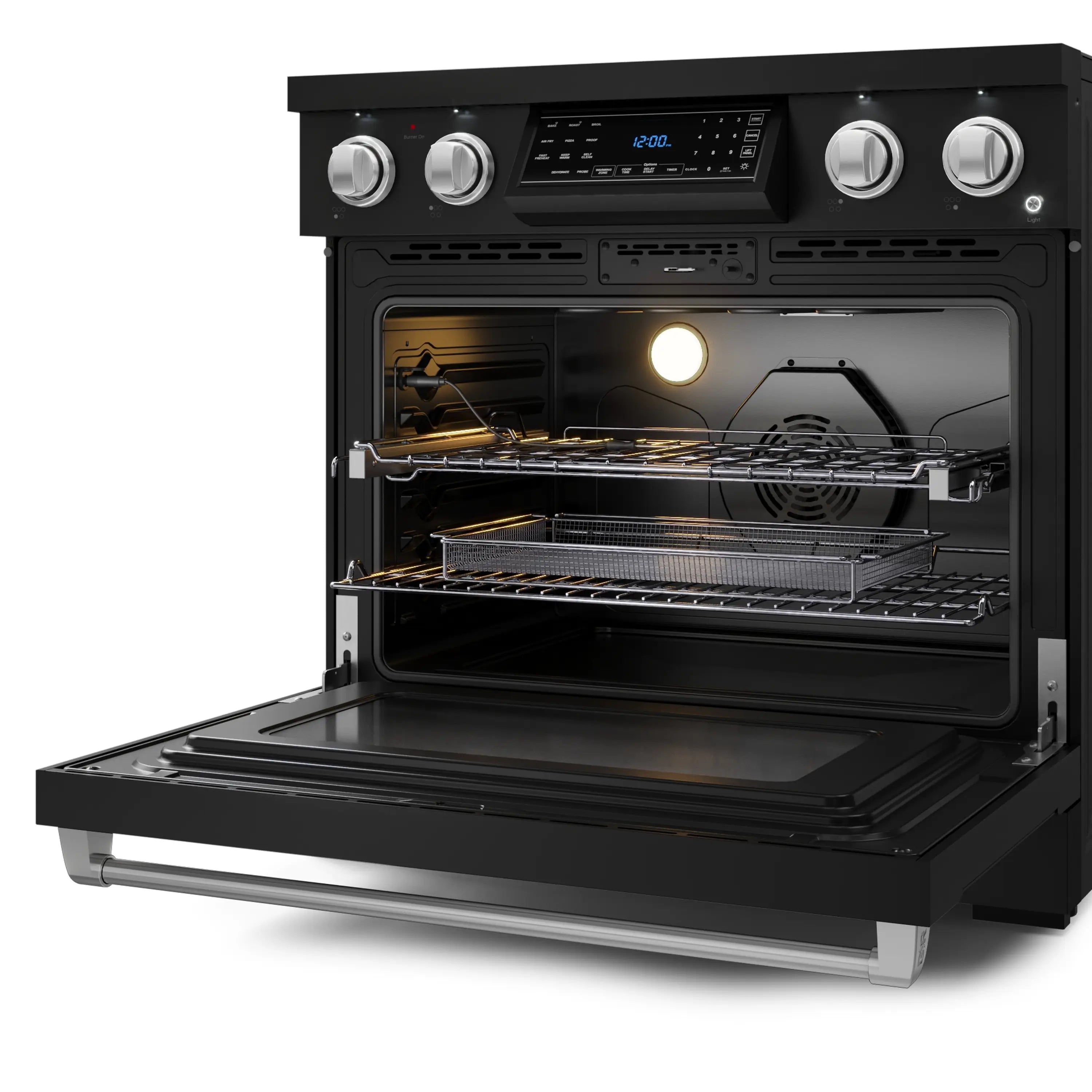 Black electric range with oven door open, lit interior and racks