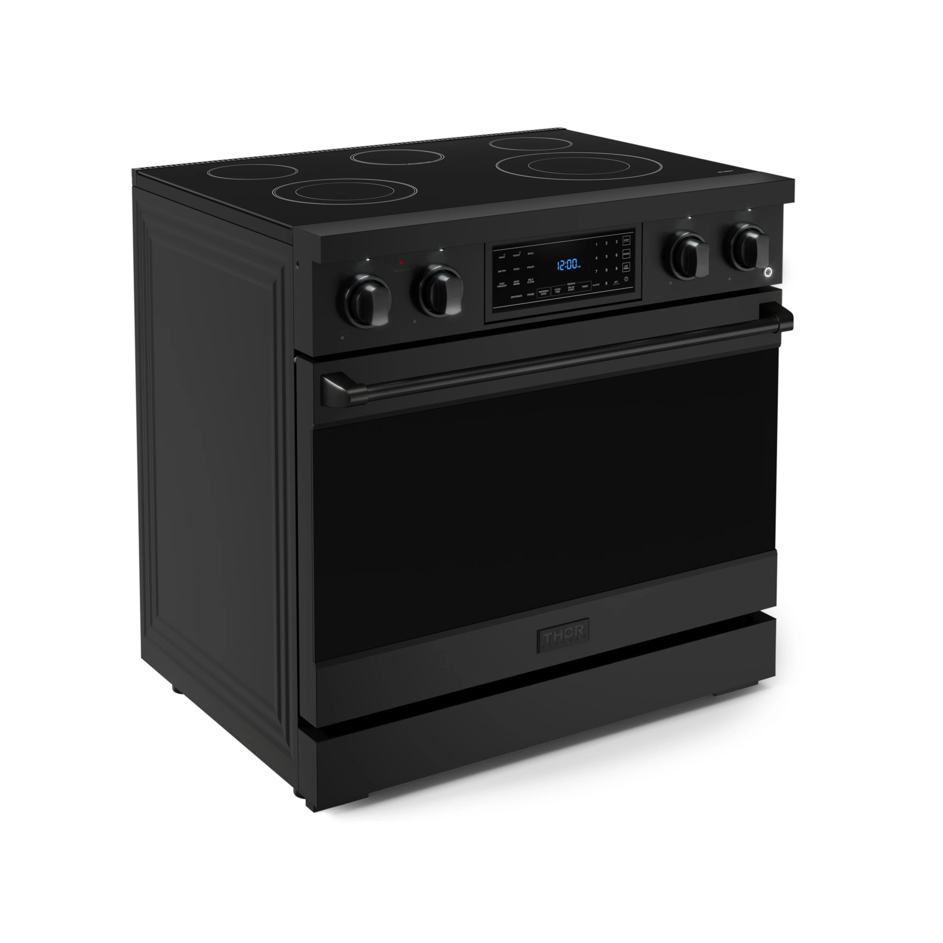Matte black 36-inch electric range with flat cooktop and control knobs