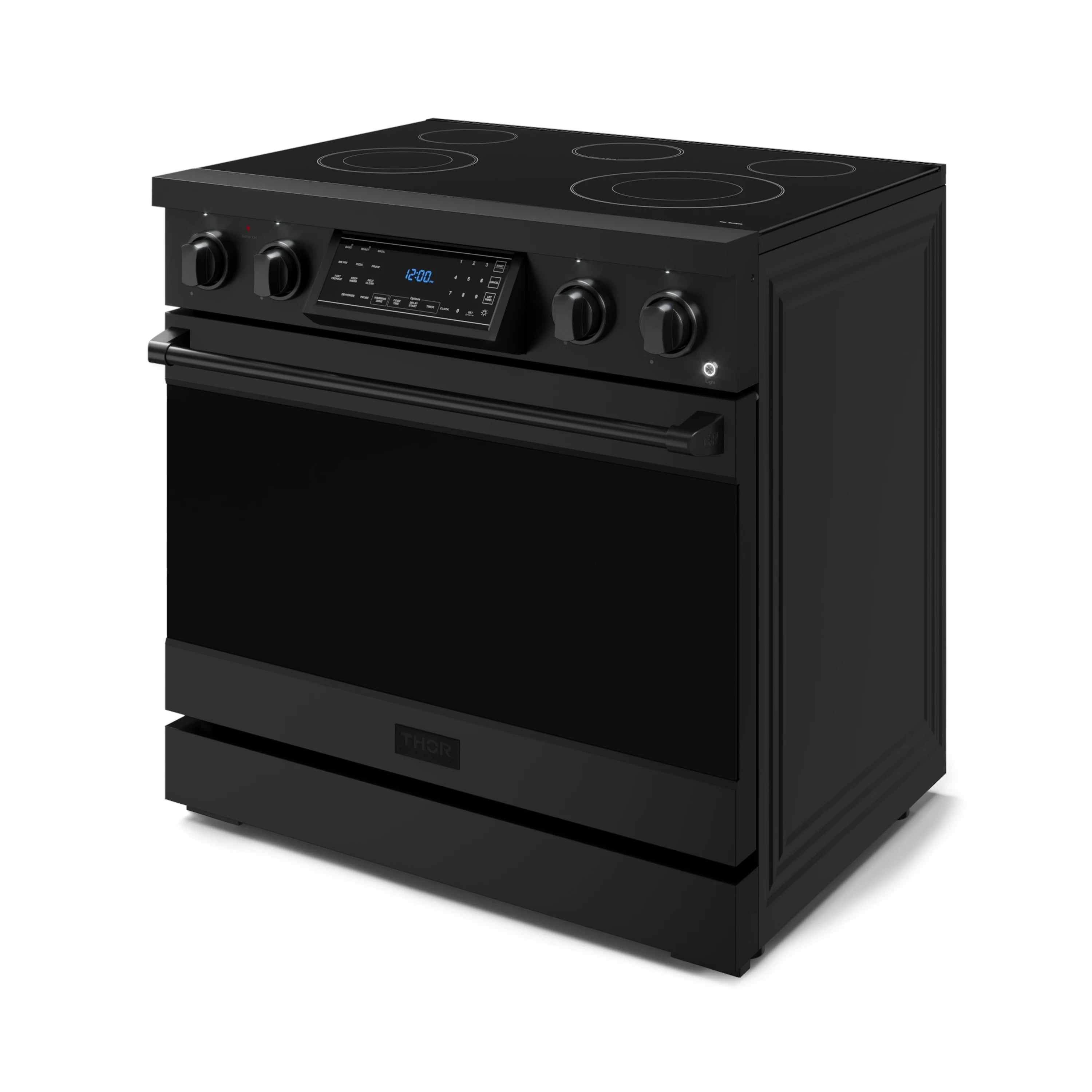 Front view of matte black electric range with digital display and cooktop burners