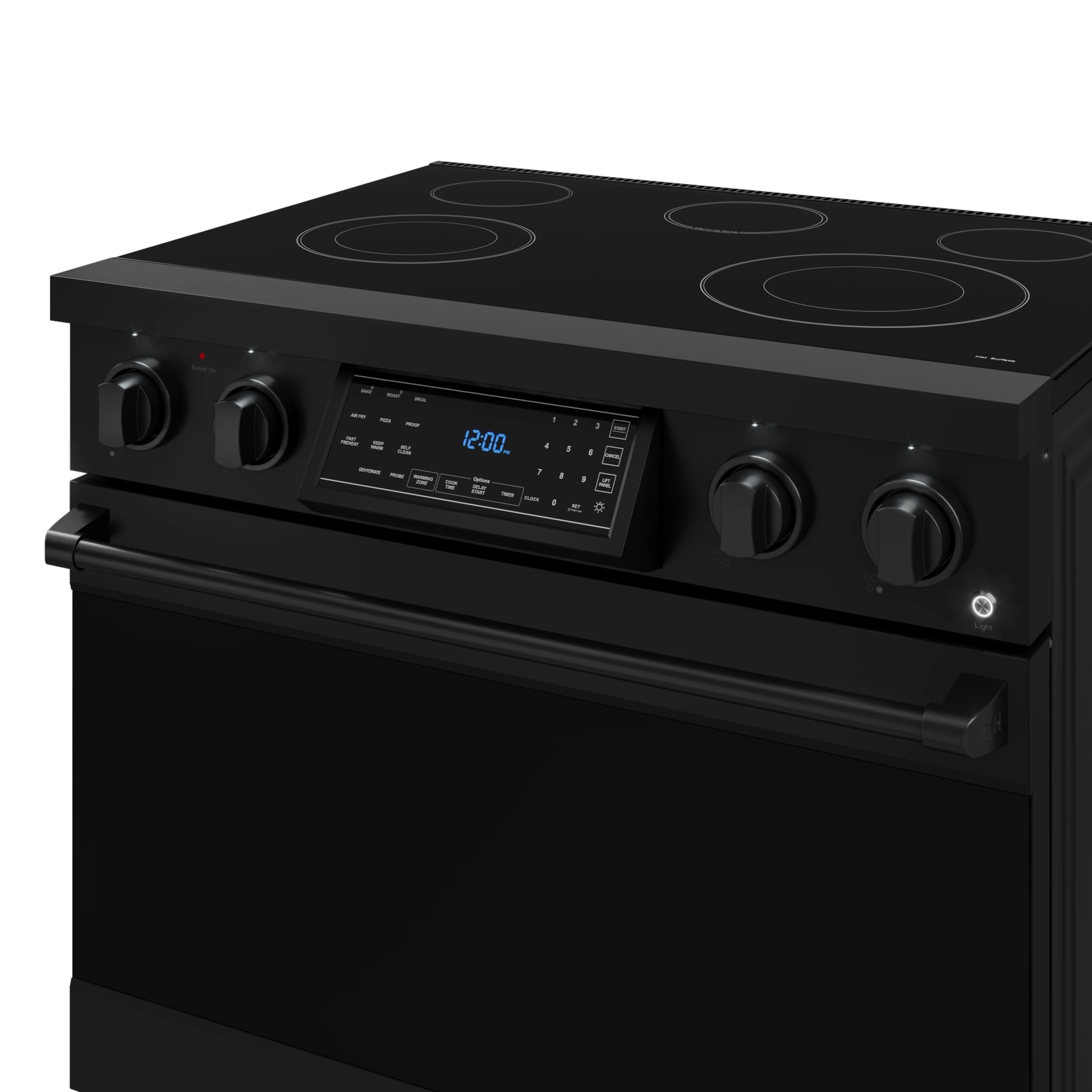 Close-up of matte black cooktop controls and digital display on the front panel