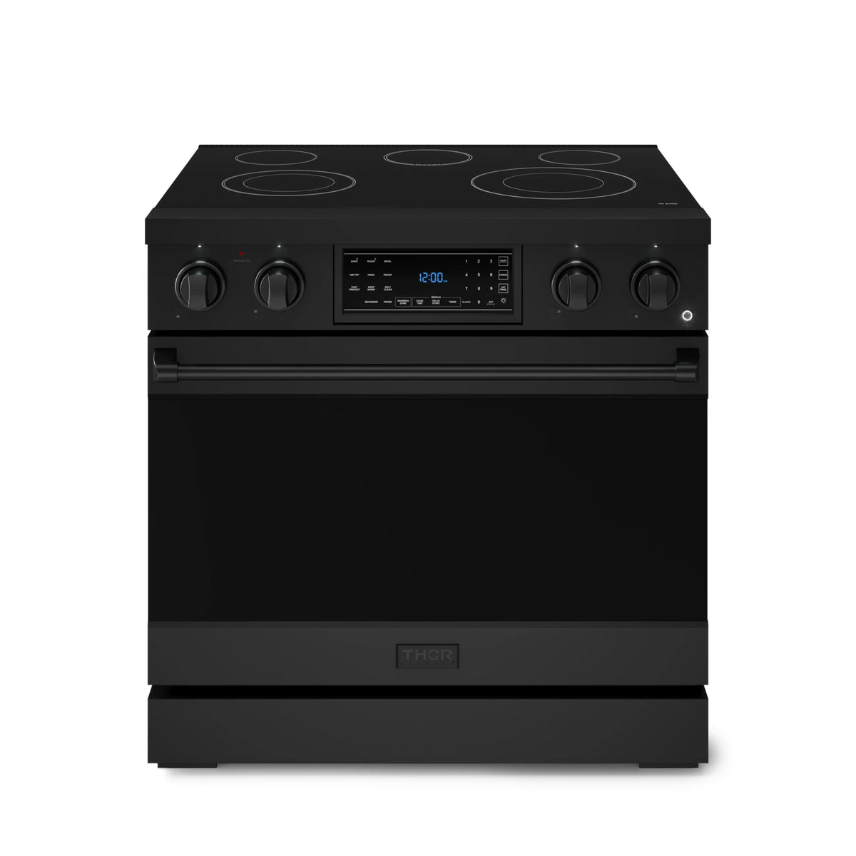 Black 36-inch electric range with smooth glass cooktop and front digital control panel
