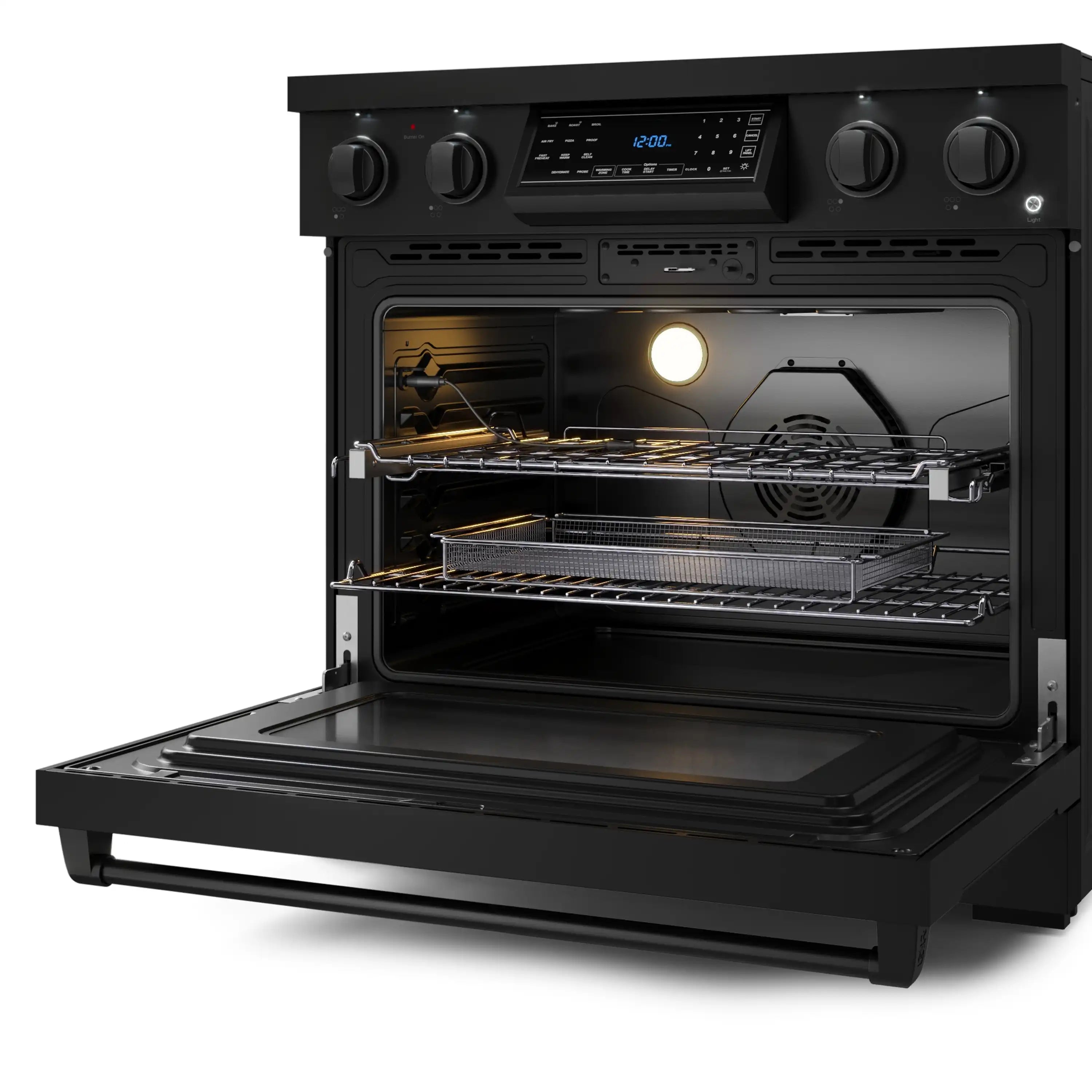 Matte black 36-inch electric range with open oven door, racks, and burner grates