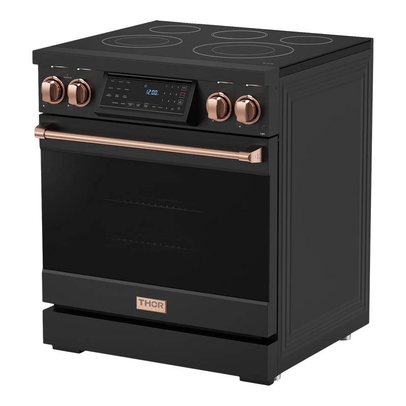 Thor Kitchen Gordon Ramsay 3-Piece Appliance Package - 30-Inch Electric Range with Tilt Panel Touch Control, Refrigerator, and Dishwasher in Black with Rose Gold Trim