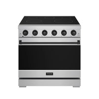 36-inch electric range with black cooktop, six control knobs, and dark oven door