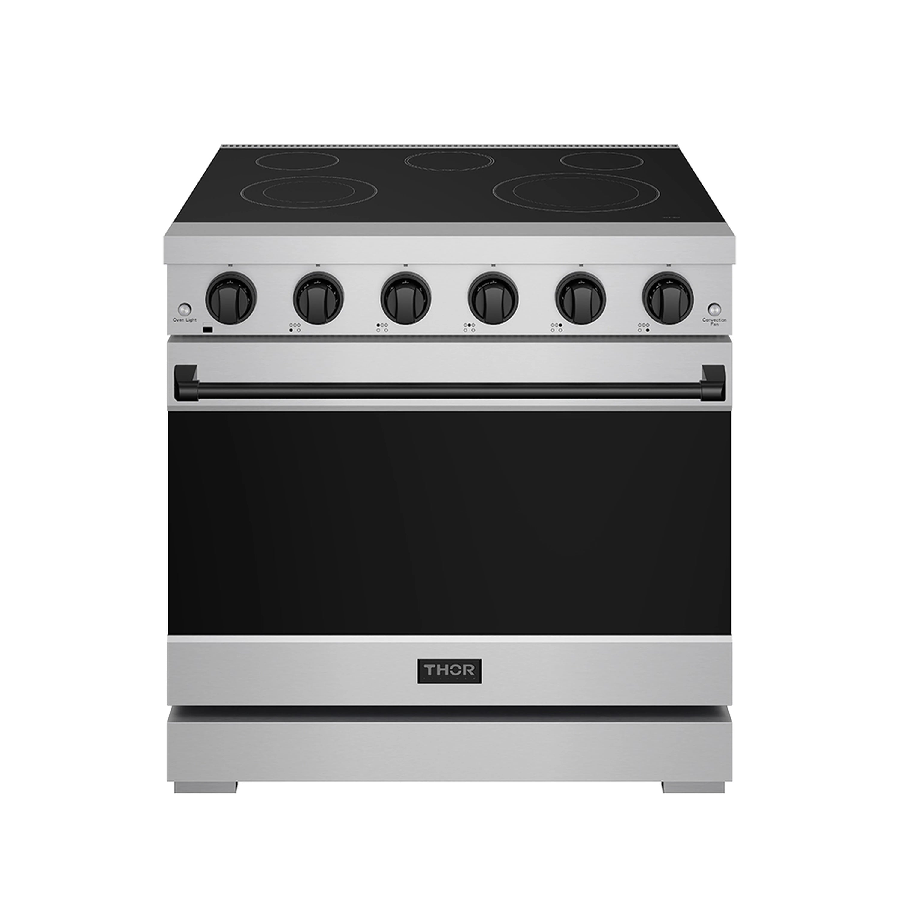 36-inch electric range with black cooktop, six control knobs, and dark oven door