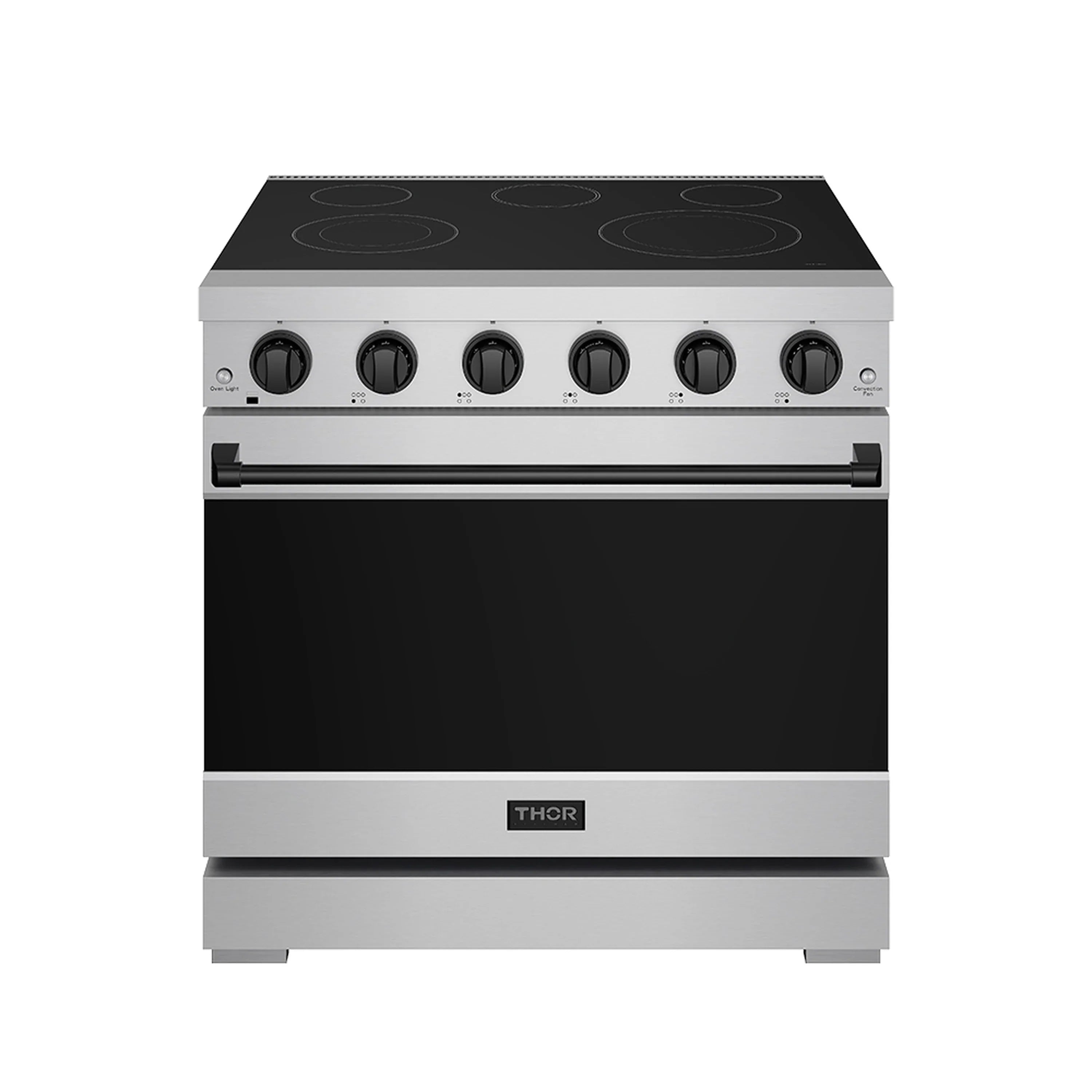 Stainless electric range with black glass cooktop and front oven door