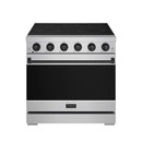 36-inch electric range with black cooktop, six control knobs, and dark oven door