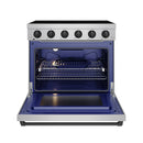 36-inch electric range with open oven door, stainless steel body and blue interior