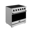 36-inch electric range with black glass cooktop and control knobs, stainless steel exterior